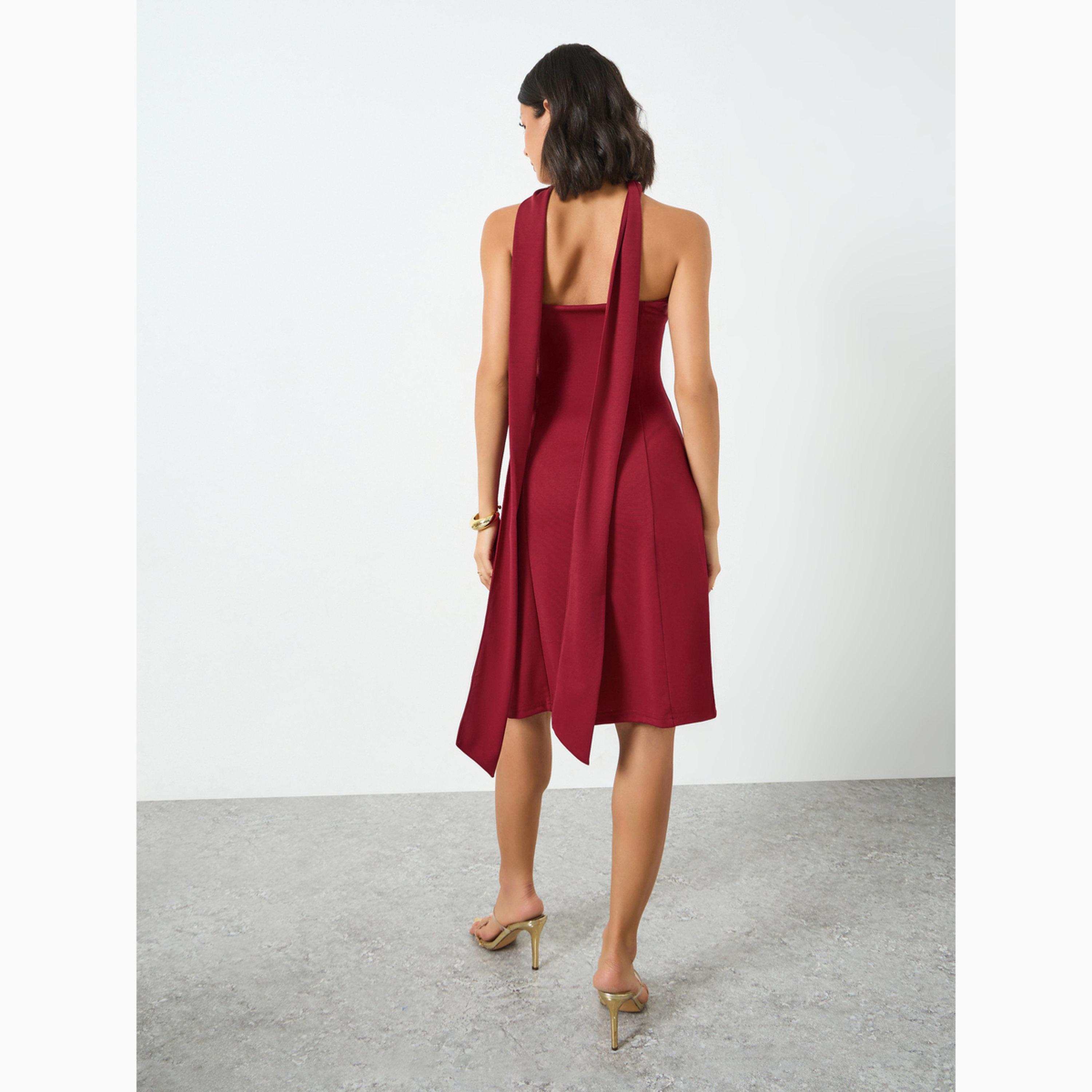 Styli Red Bandeau Knee Length Dress with Neck Scarf-women-clothing-dresses-image-5