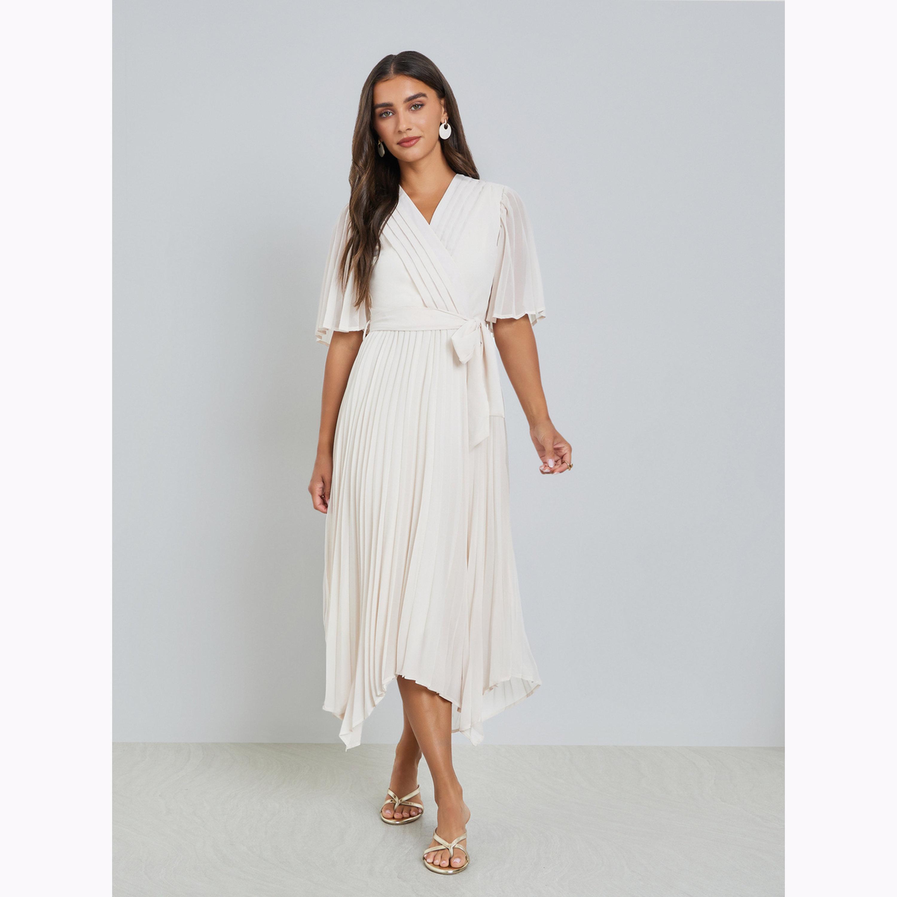 فستان ميدي بكسرات وحزام ربط-women-clothing-dresses-image-1