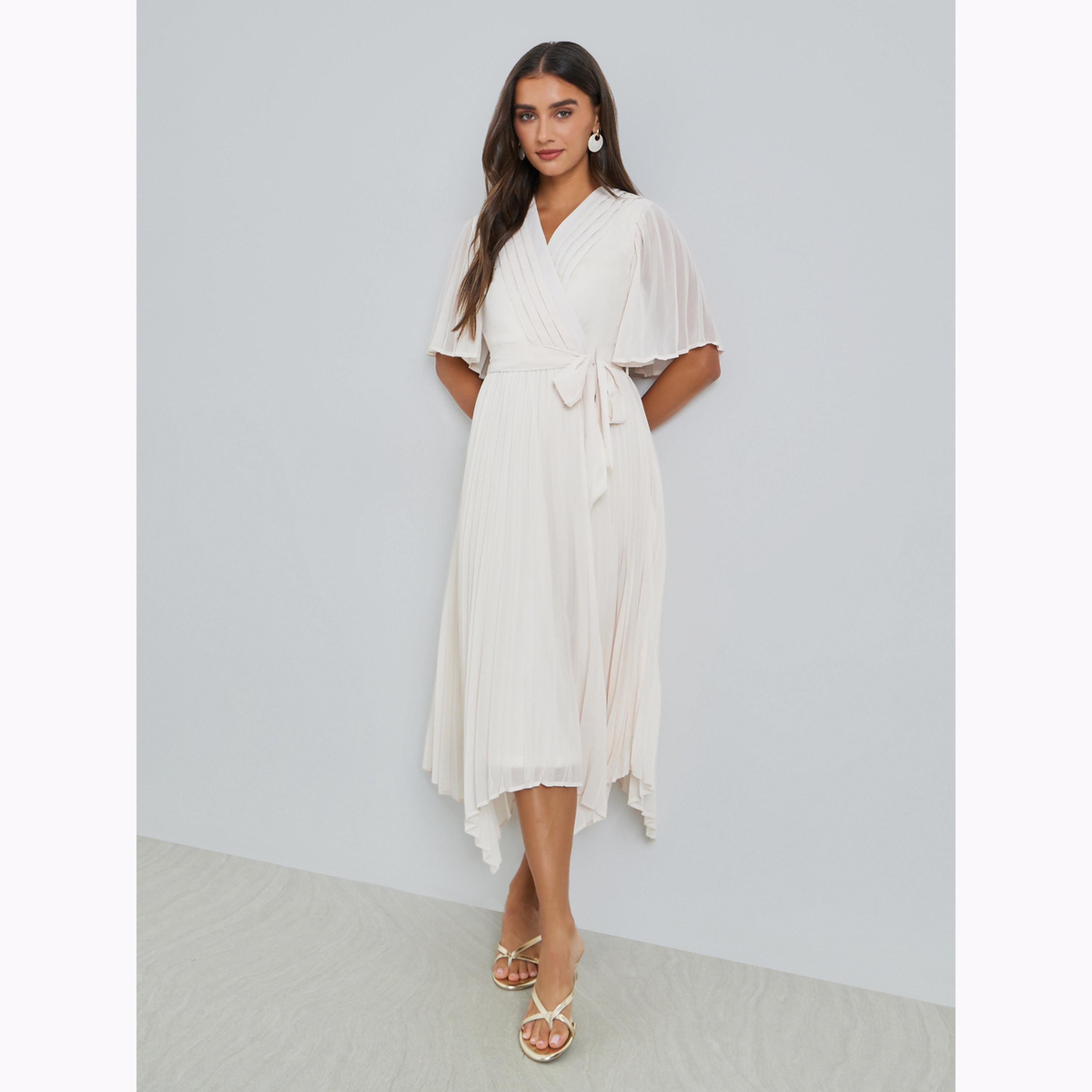 Styli Cream Pleated Midi Dress with Tie-Belt-women-clothing-dresses-image-3