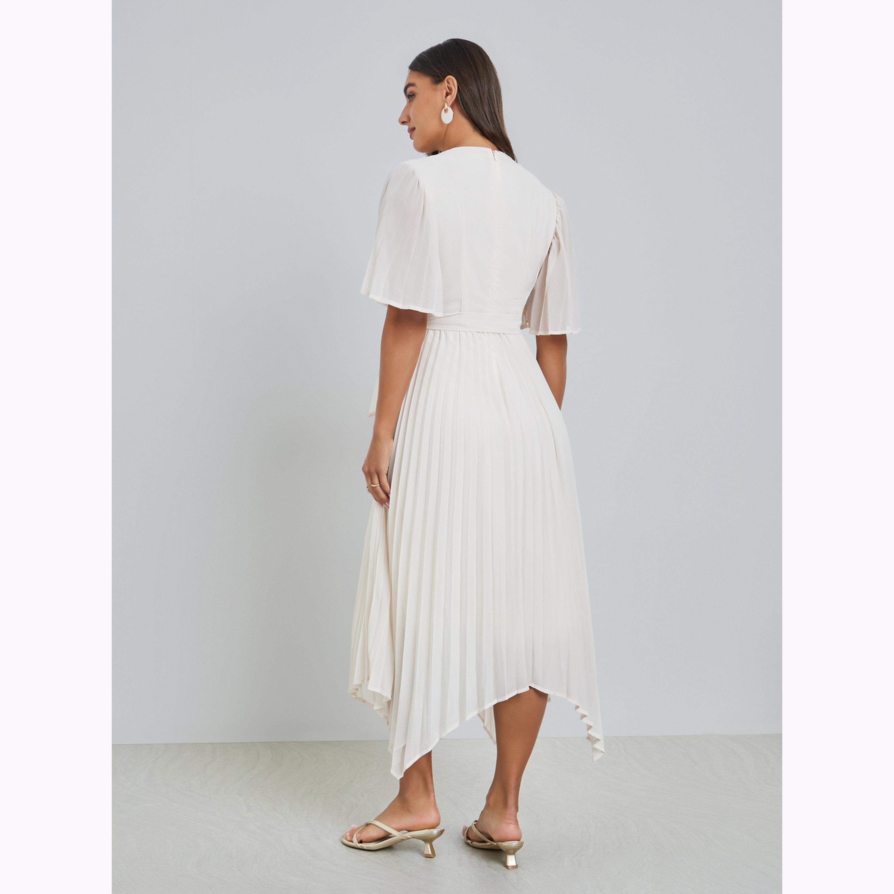 Styli Cream Pleated Midi Dress with Tie-Belt-women-clothing-dresses-image-4
