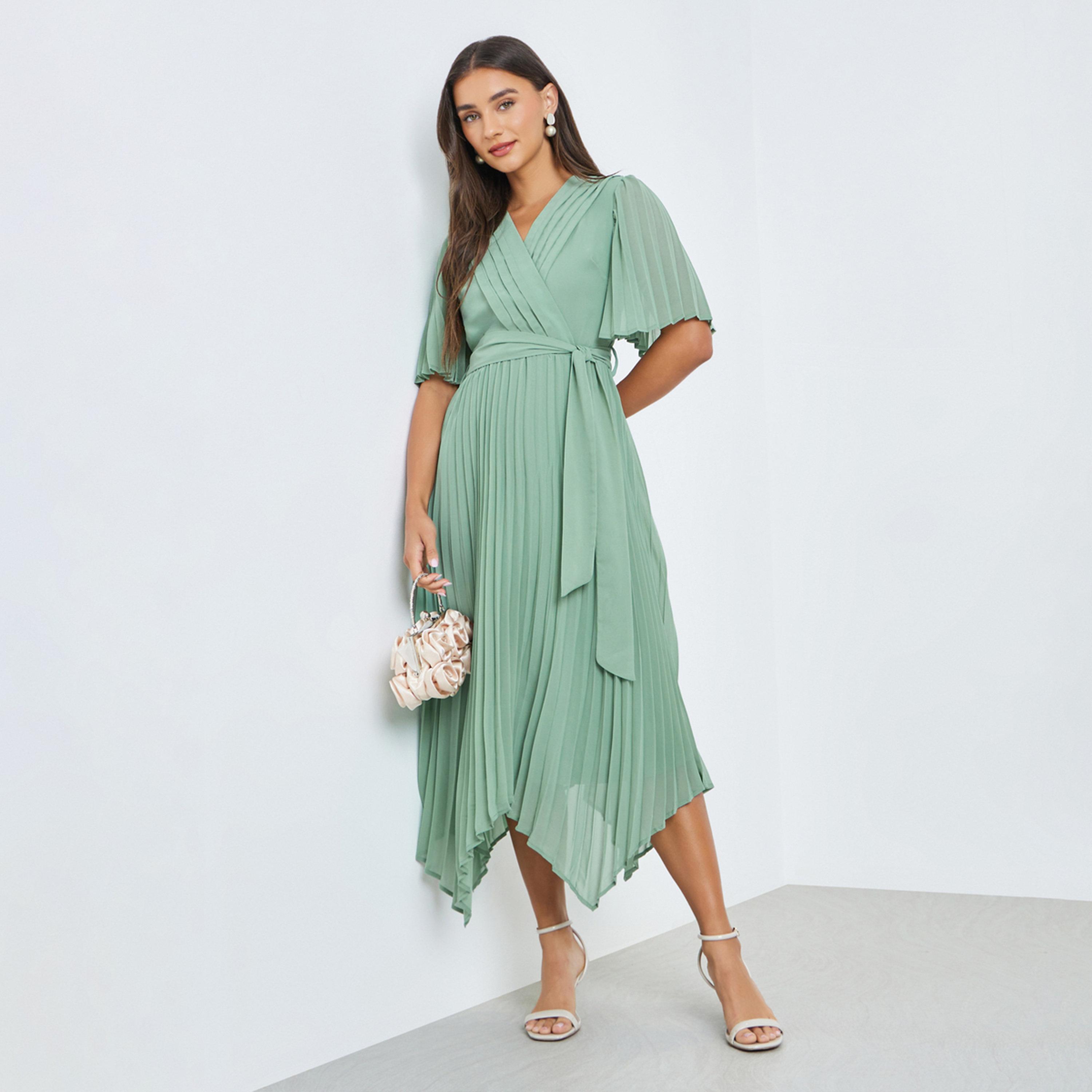 Styli Green Pleated Midi Dress with Tie-Belt-women-clothing-dresses-image-1