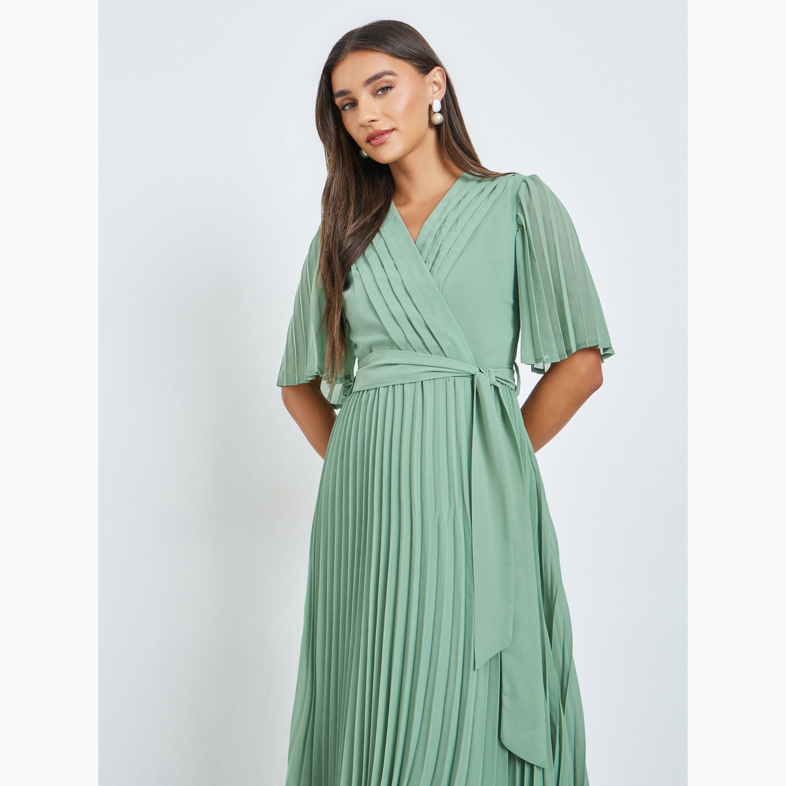 Styli Green Pleated Midi Dress with Tie-Belt-women-clothing-dresses-image-2