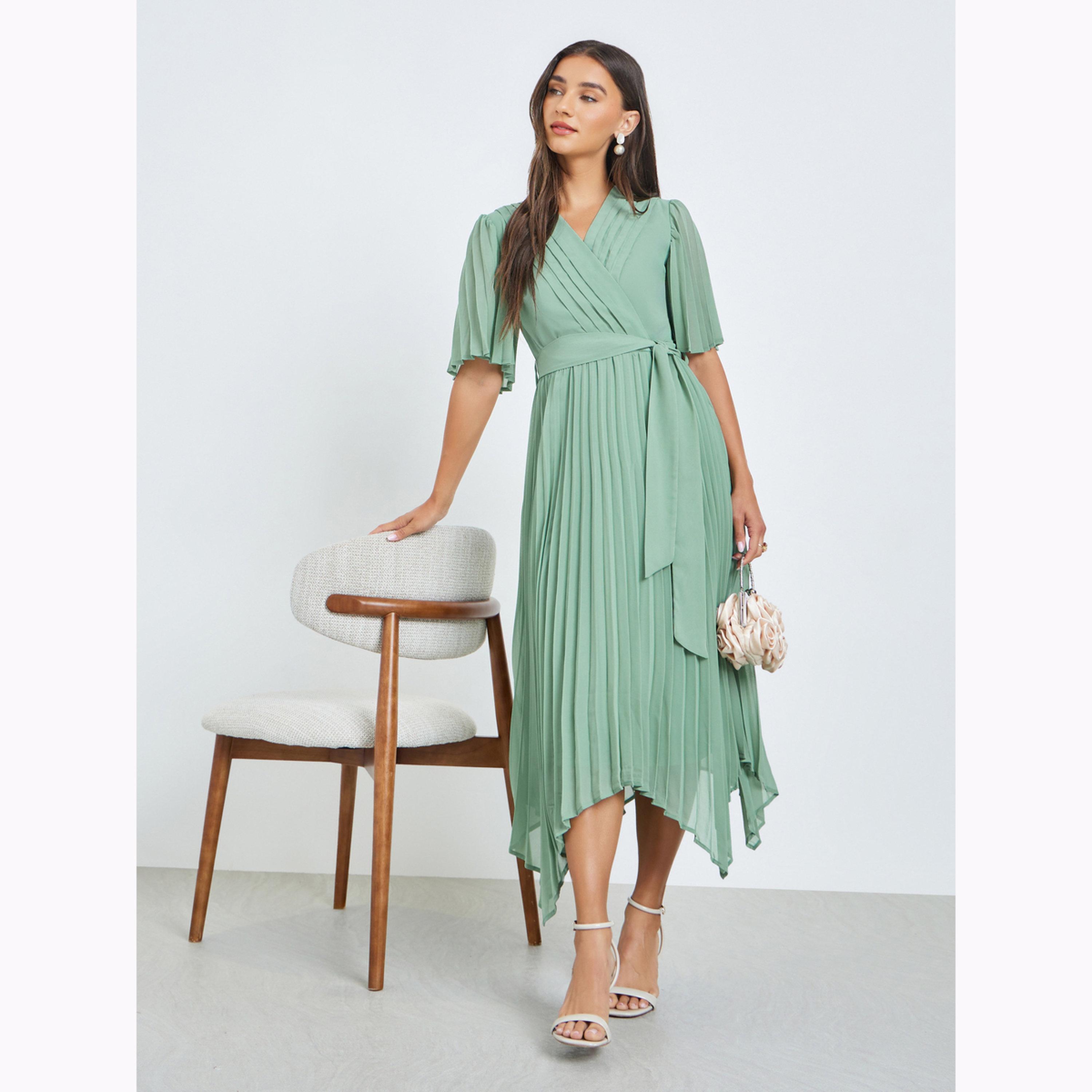 فستان ميدي بكسرات وحزام ربط-women-clothing-dresses-image-3