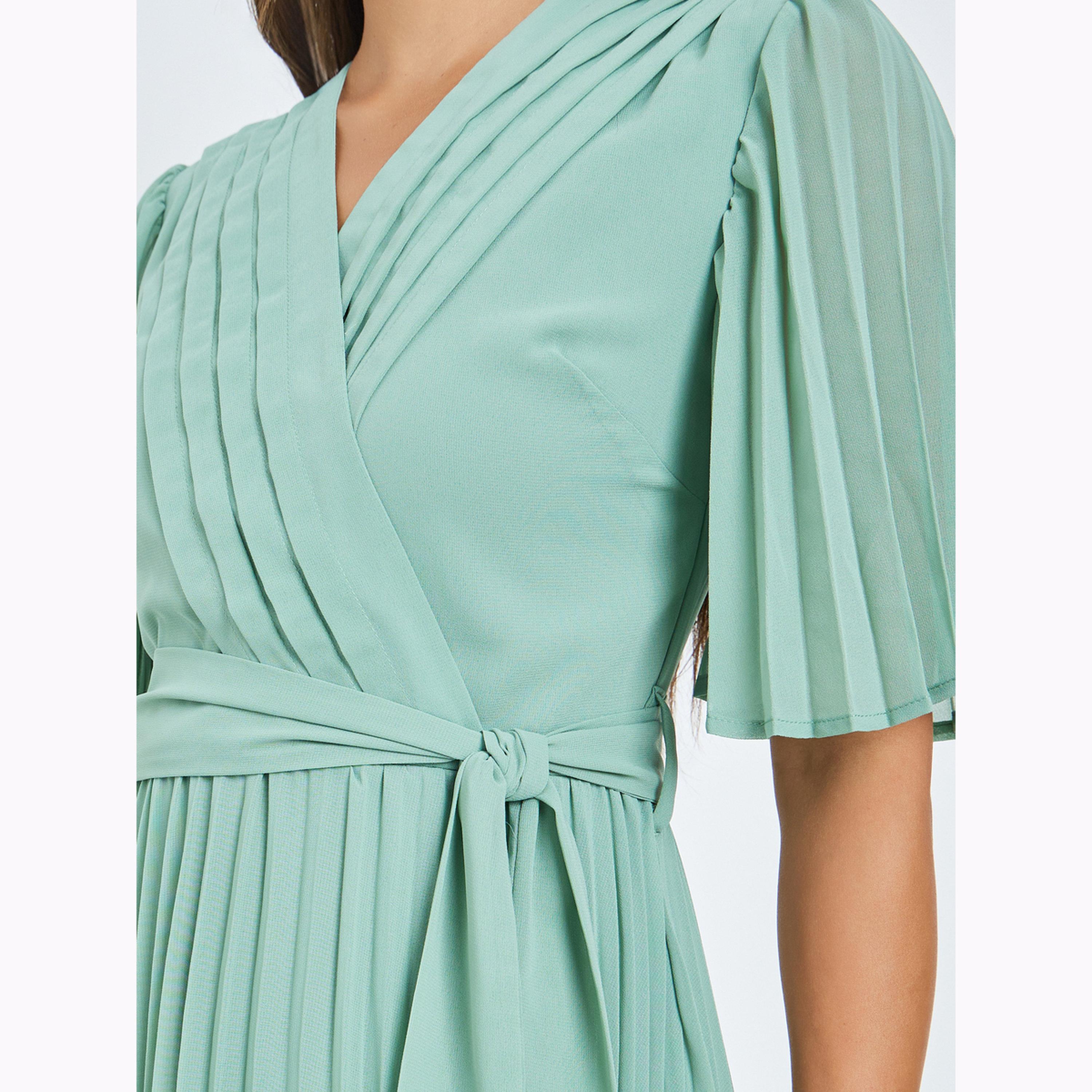 Styli Green Pleated Midi Dress with Tie-Belt-women-clothing-dresses-image-5