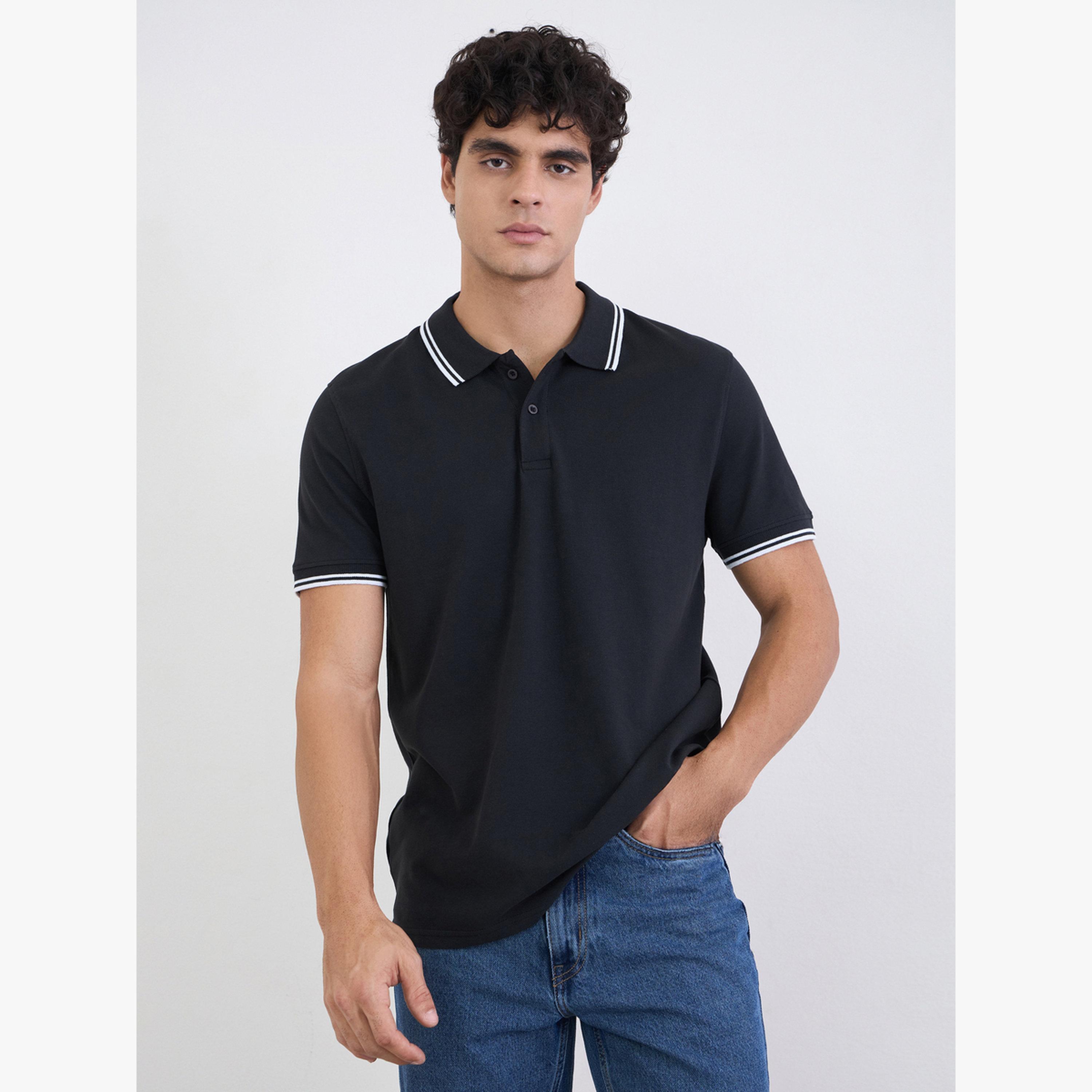 تيشيرت بولو قطن بيكيه قصة عادية سادة مع حواف مباينة للرجال-men-clothing-tshirtsandpolos-tshirts-image-1
