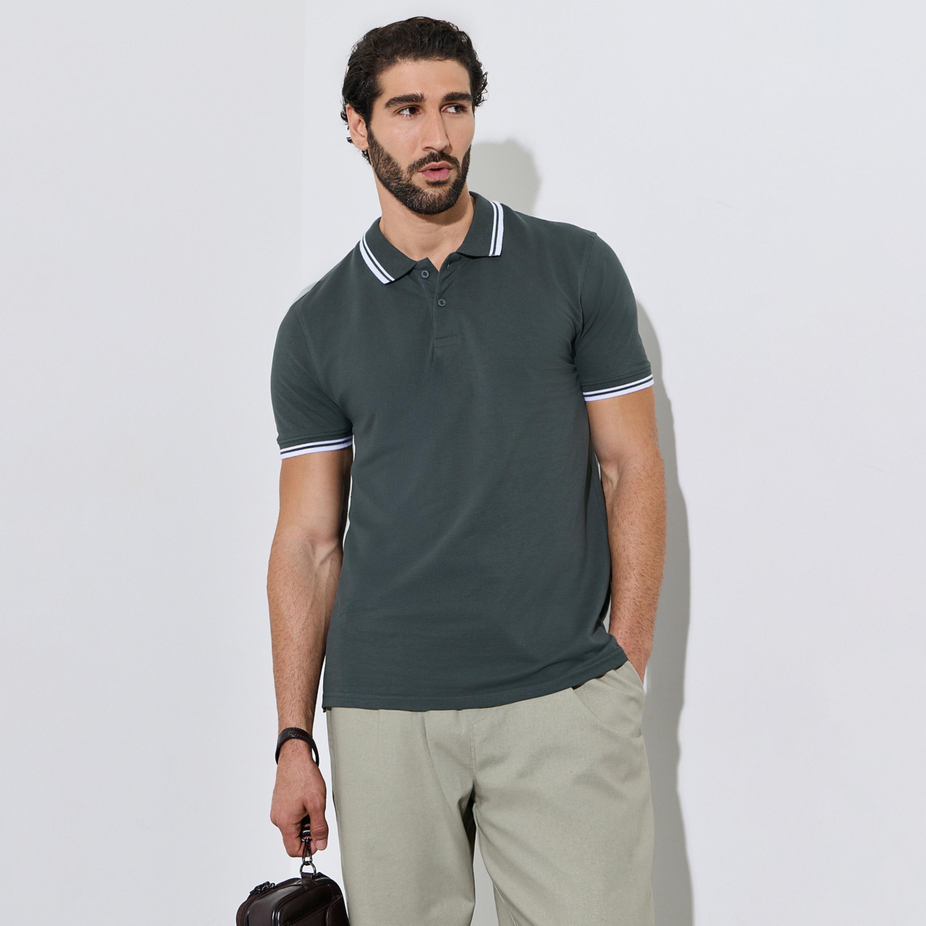 Styli Men Dark Grey Regular Fit Pique Polo With Tipping-men-clothing-tshirtsandpolos-polos-image-1