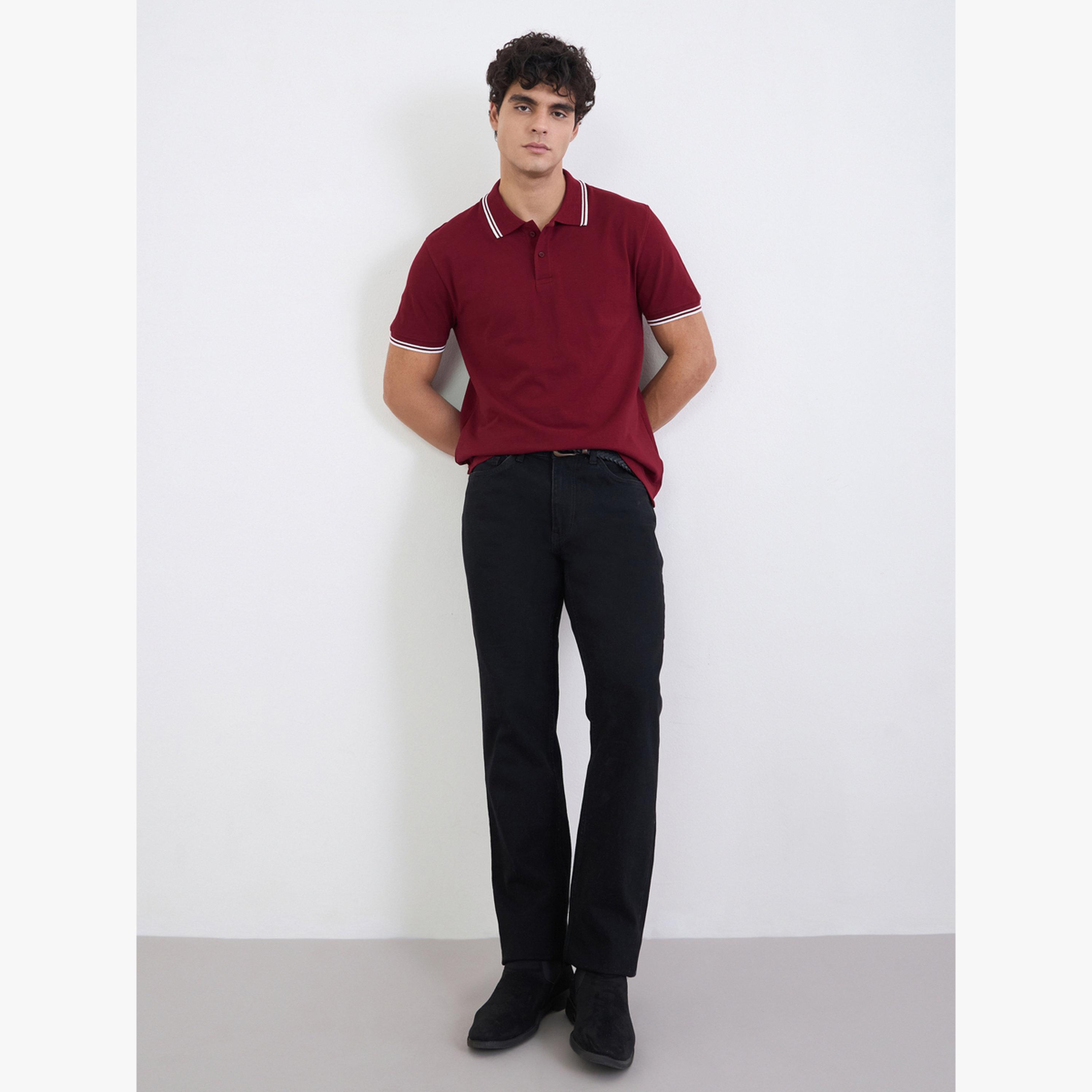 تيشيرت بولو قطن بيكيه قصة عادية سادة مع حواف مباينة للرجال-men-clothing-tshirtsandpolos-tshirts-image-2
