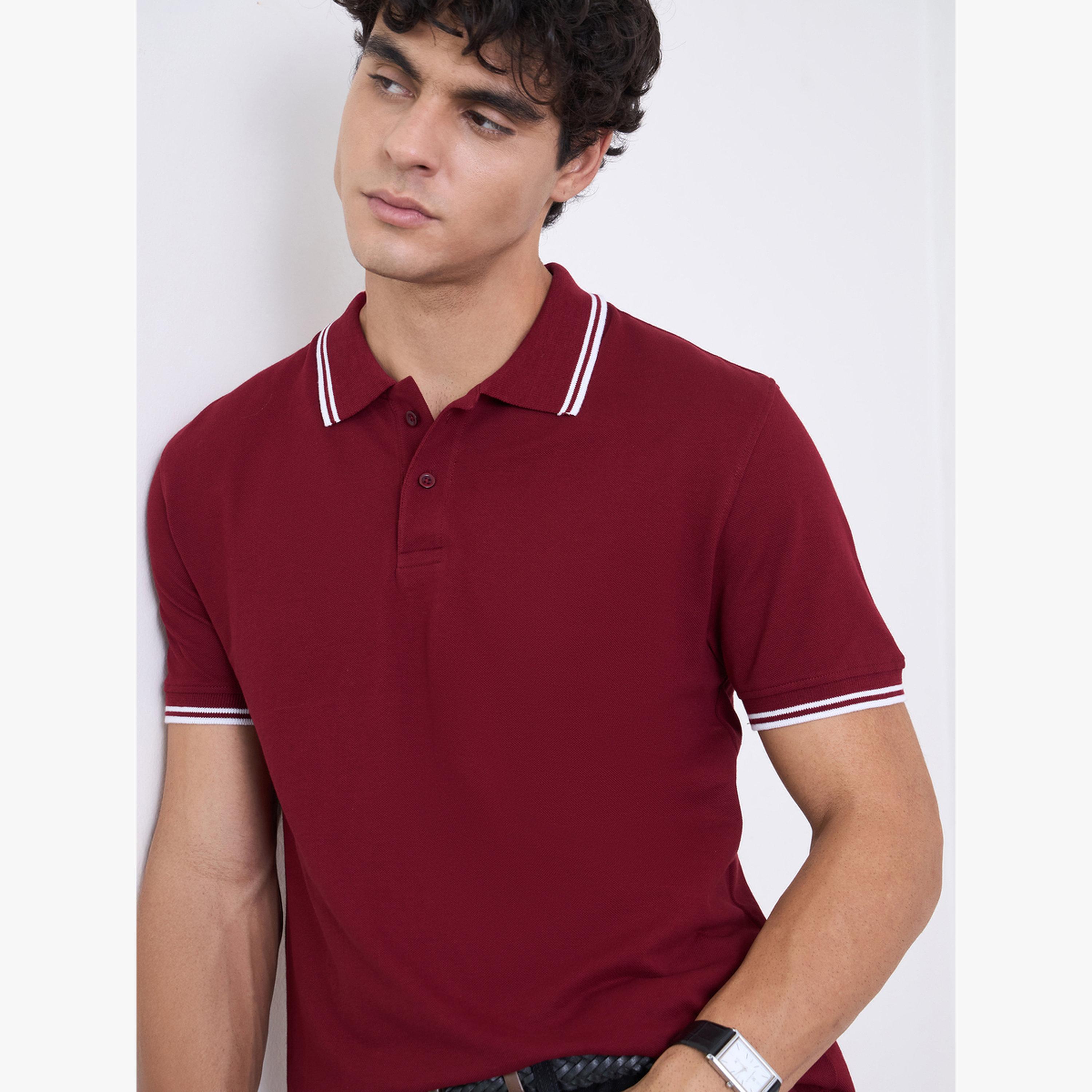 تيشيرت بولو قطن بيكيه قصة عادية سادة مع حواف مباينة للرجال-men-clothing-tshirtsandpolos-tshirts-image-5