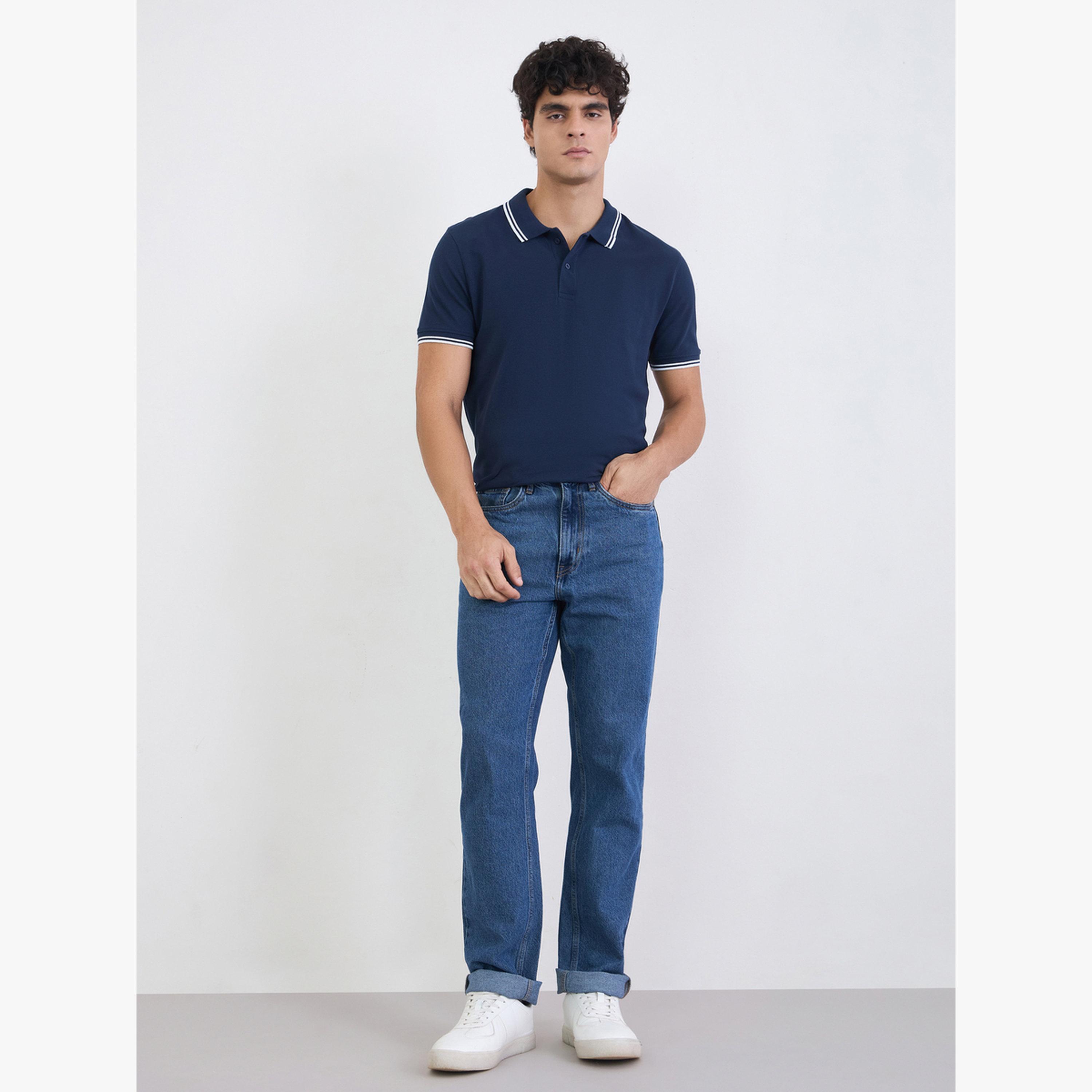تيشيرت بولو قطن بيكيه قصة عادية سادة مع حواف مباينة للرجال-men-clothing-tshirtsandpolos-tshirts-image-2