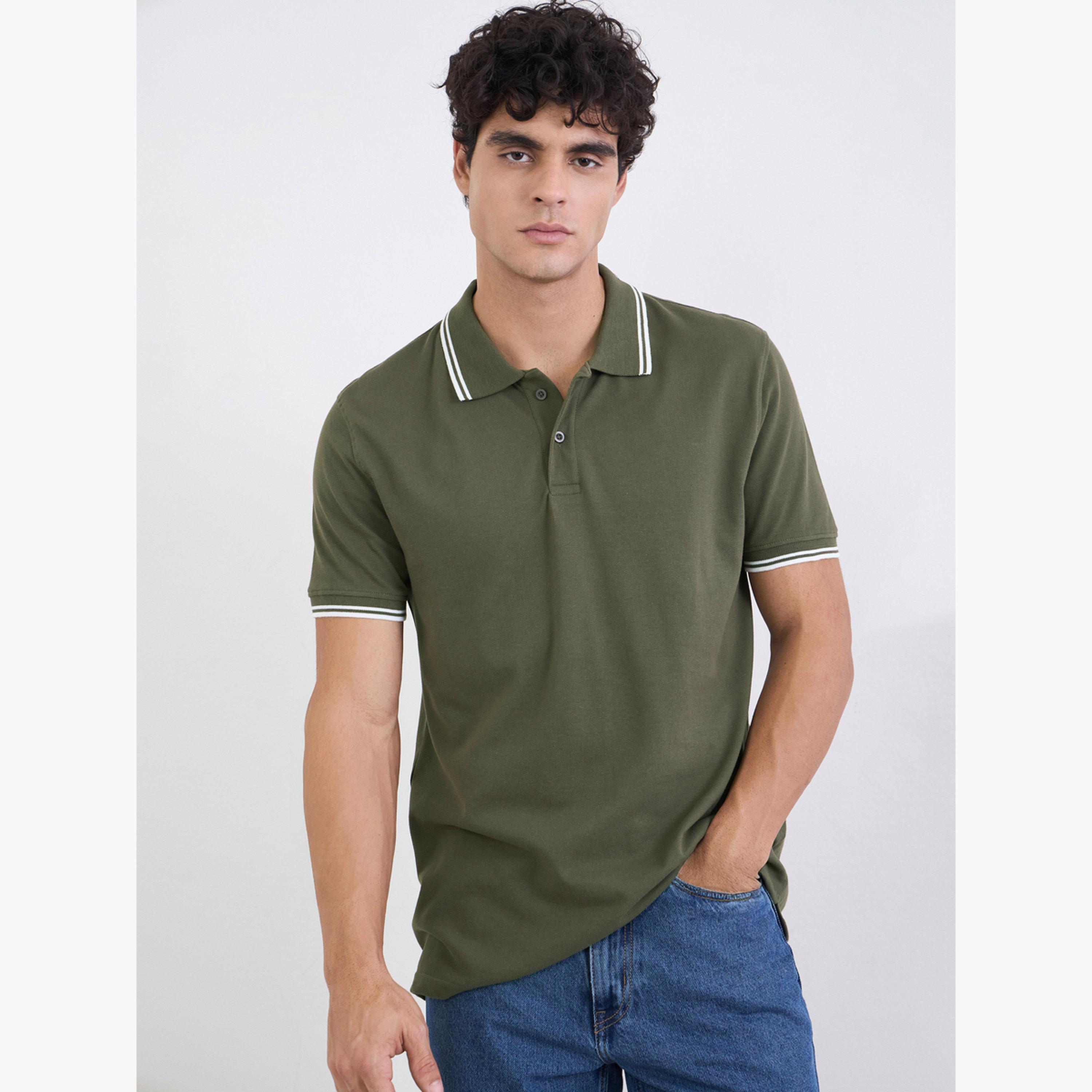 تيشيرت بولو قطن بيكيه قصة عادية سادة مع حواف مباينة للرجال-men-clothing-tshirtsandpolos-tshirts-image-1