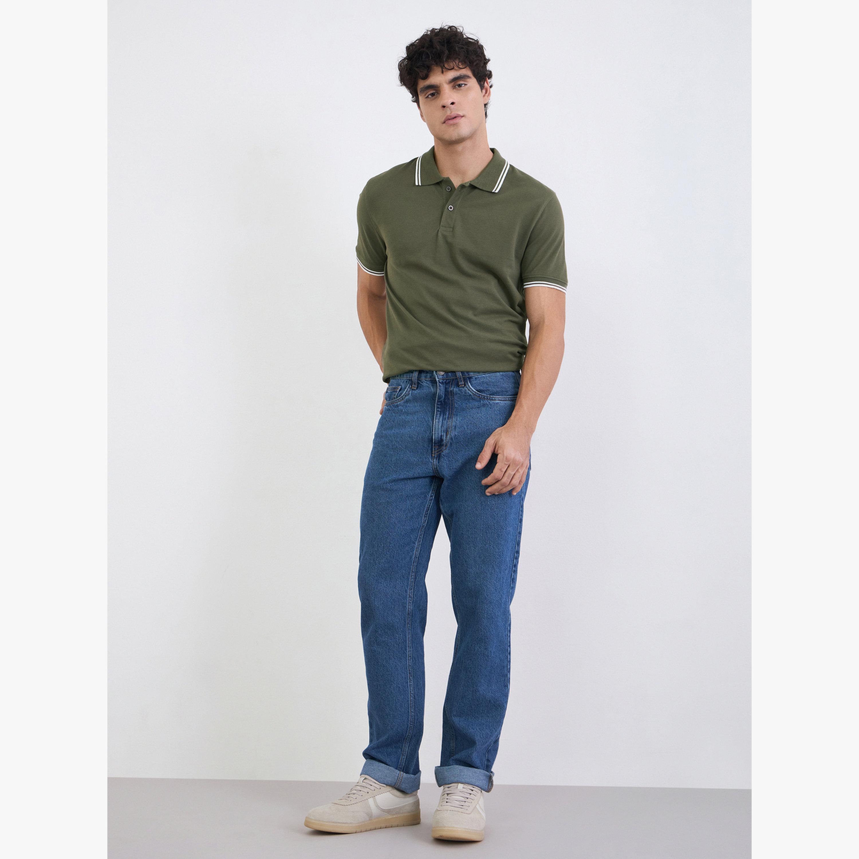 تيشيرت بولو قطن بيكيه قصة عادية سادة مع حواف مباينة للرجال-men-clothing-tshirtsandpolos-tshirts-image-2