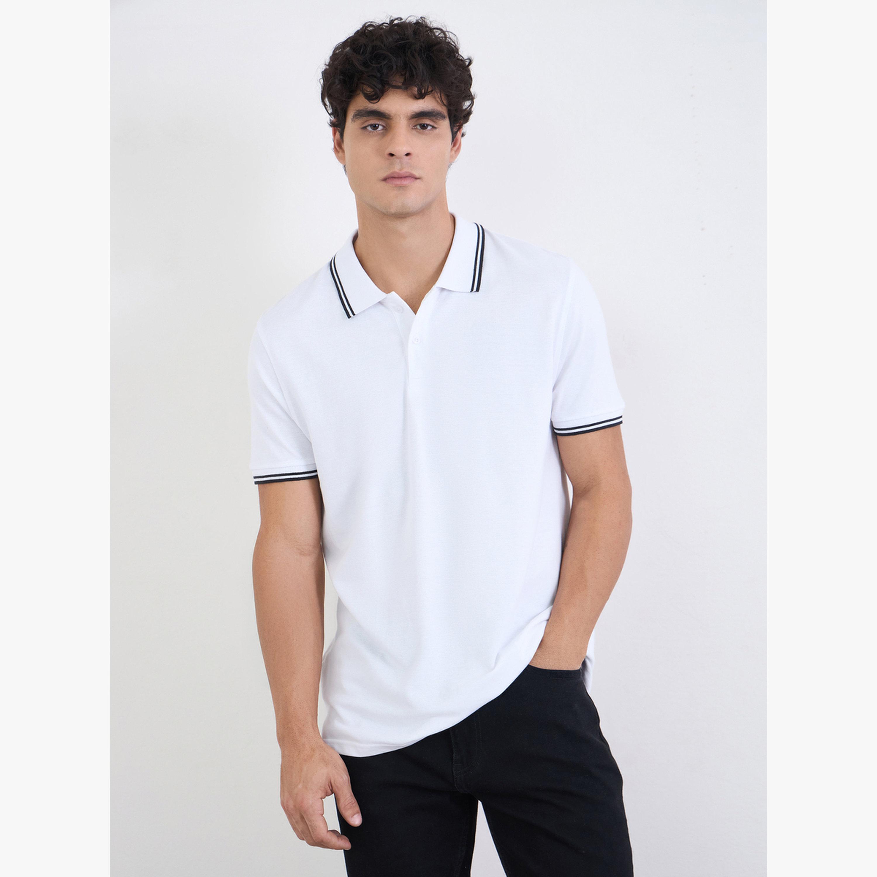 تيشيرت بولو قطن بيكيه قصة عادية سادة مع حواف مباينة للرجال-men-clothing-tshirtsandpolos-tshirts-image-1