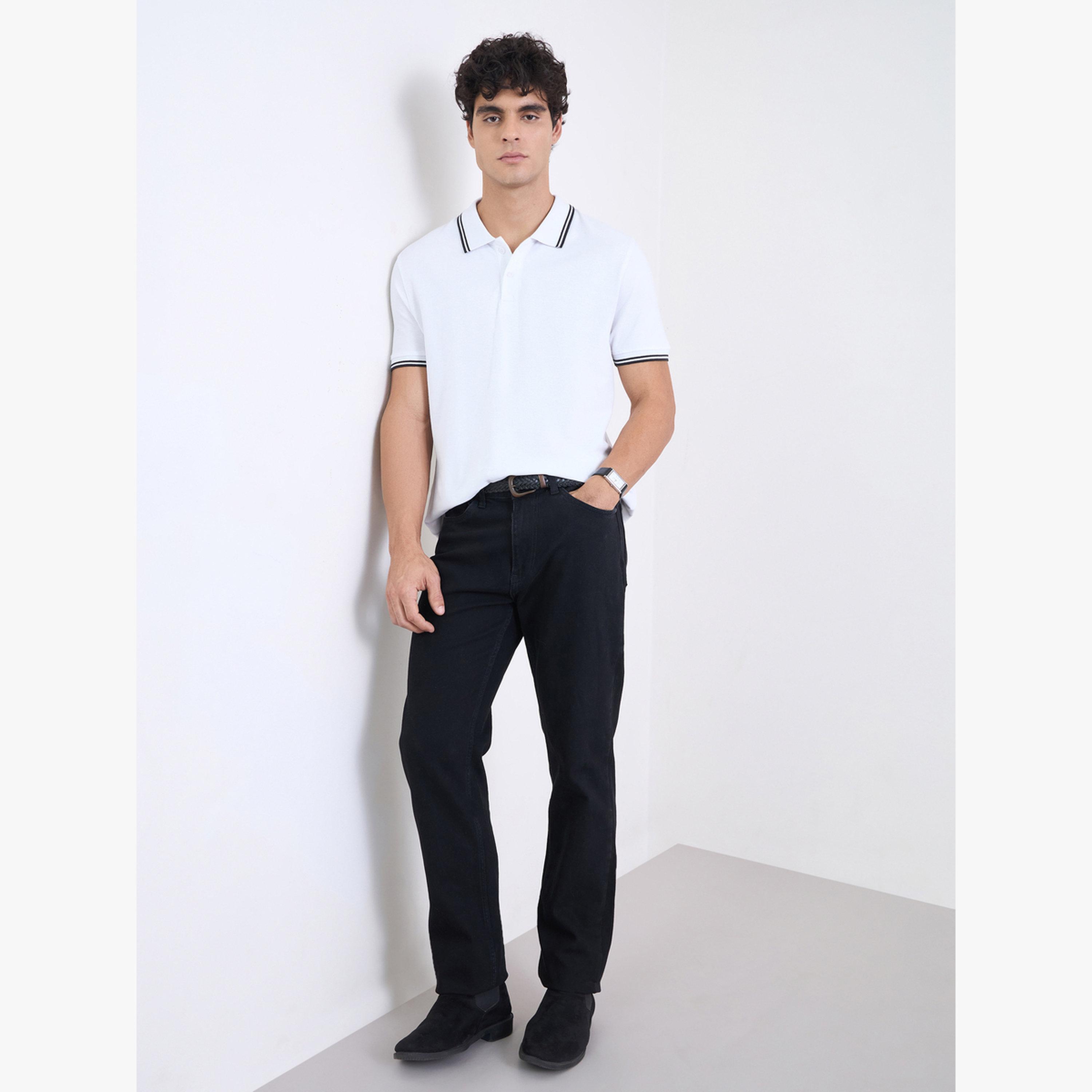 تيشيرت بولو قطن بيكيه قصة عادية سادة مع حواف مباينة للرجال-men-clothing-tshirtsandpolos-tshirts-image-2