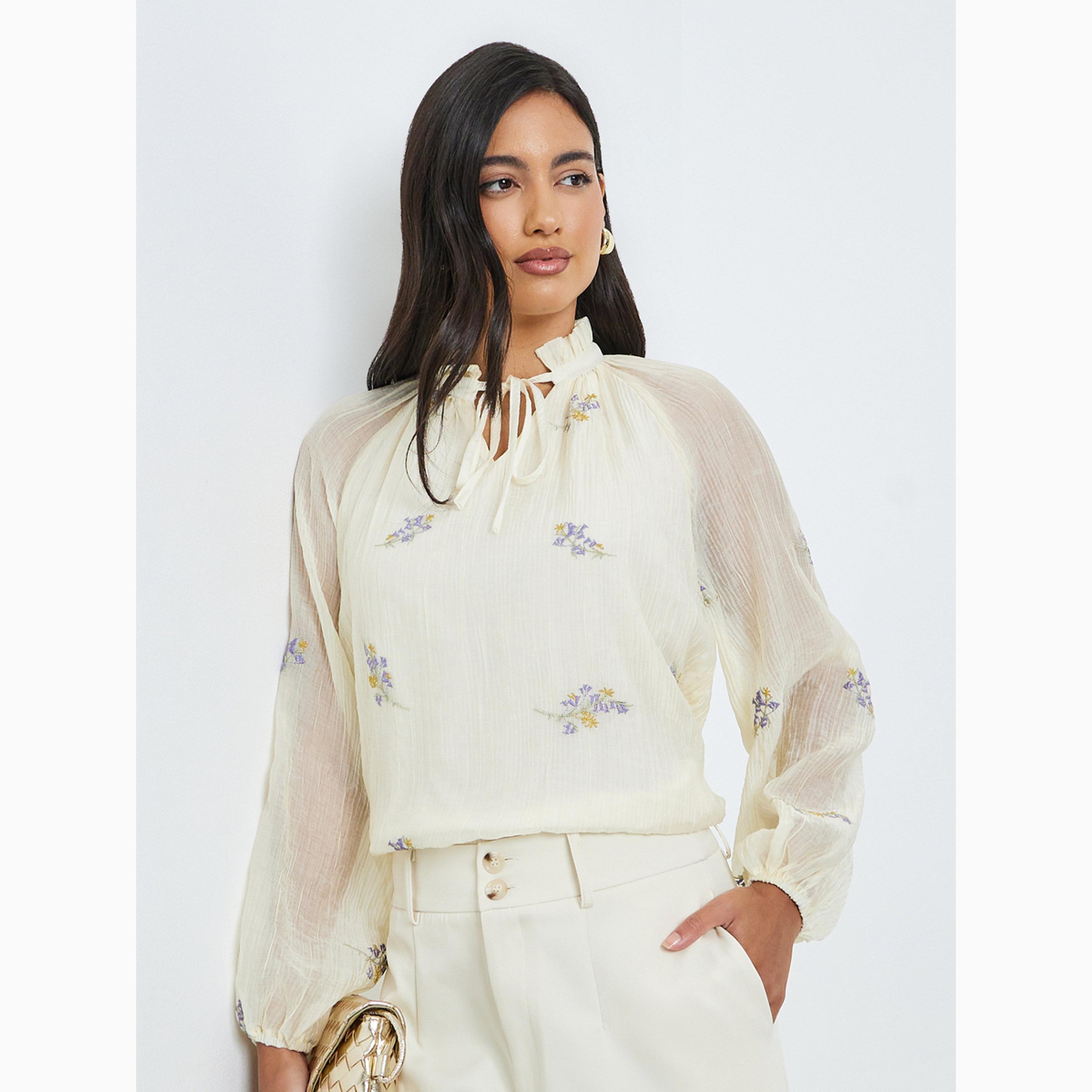 بلوزة أوف وايت مطرزة برباط عند الياقة-women-clothing-shirtsandblouses-blouses-image-1