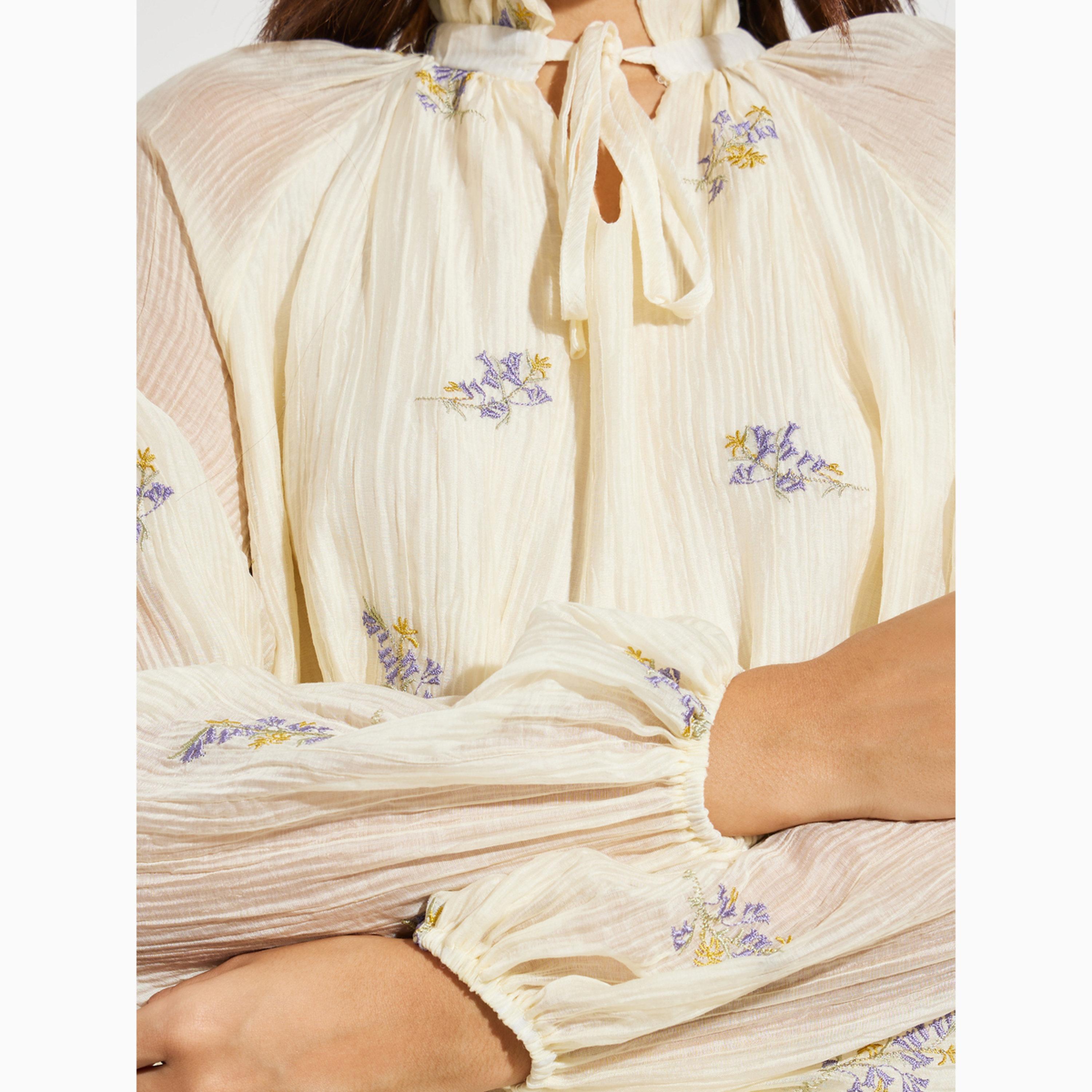 بلوزة أوف وايت مطرزة برباط عند الياقة-women-clothing-shirtsandblouses-blouses-image-3