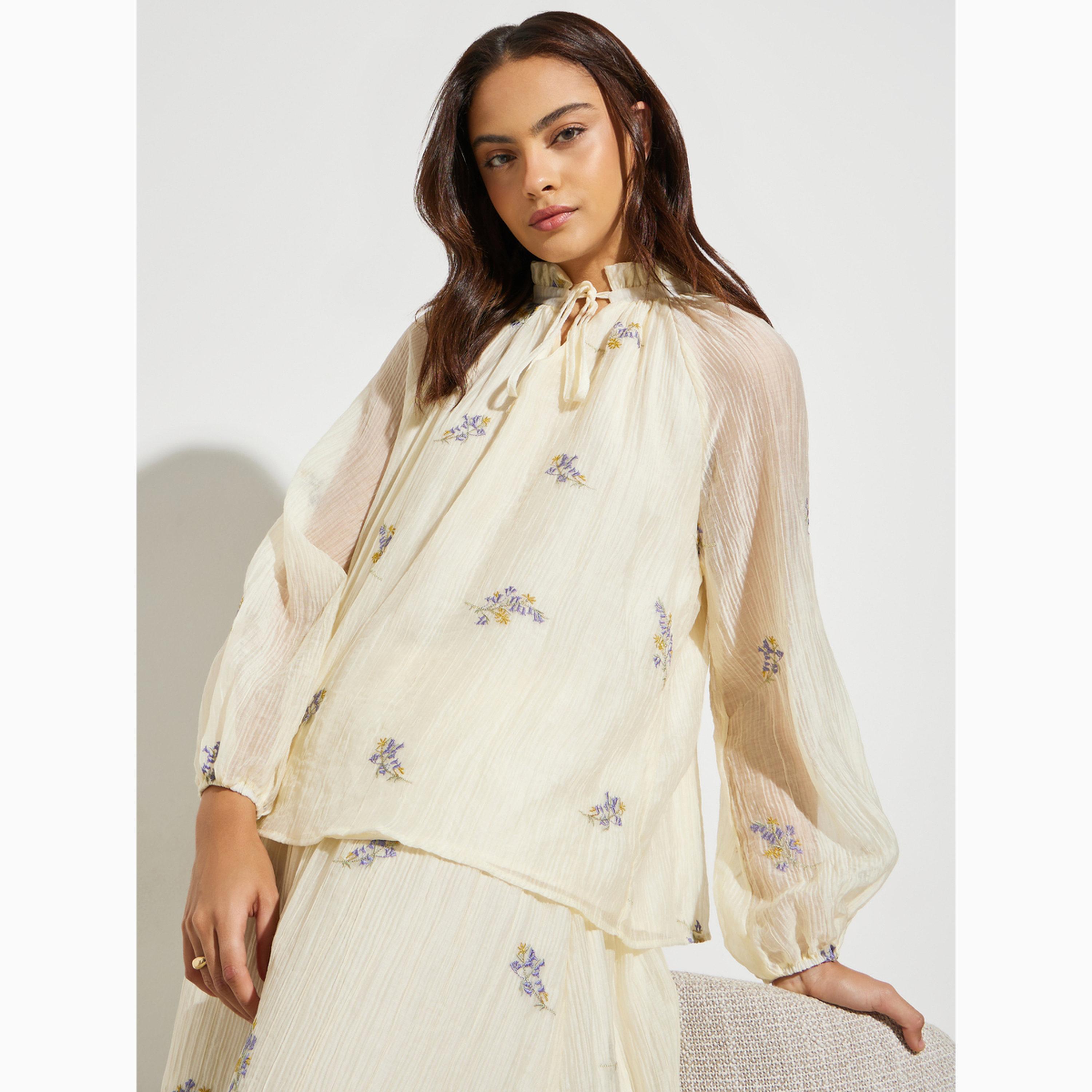 بلوزة أوف وايت مطرزة برباط عند الياقة-women-clothing-shirtsandblouses-blouses-image-5