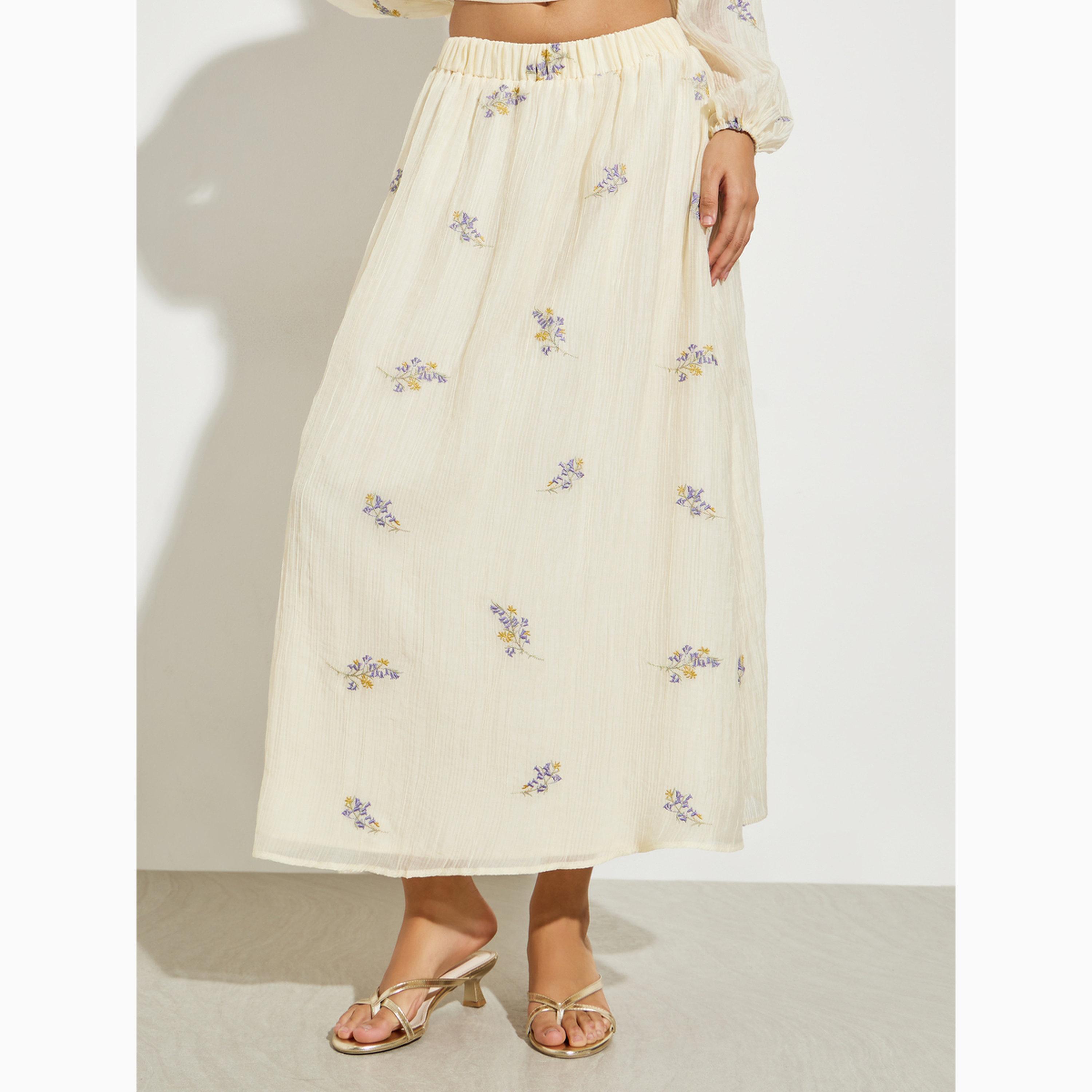 تنورة ميدي أوف وايت مطرزة بالأزهار وقصة A-line-women-clothing-skirts-image-1
