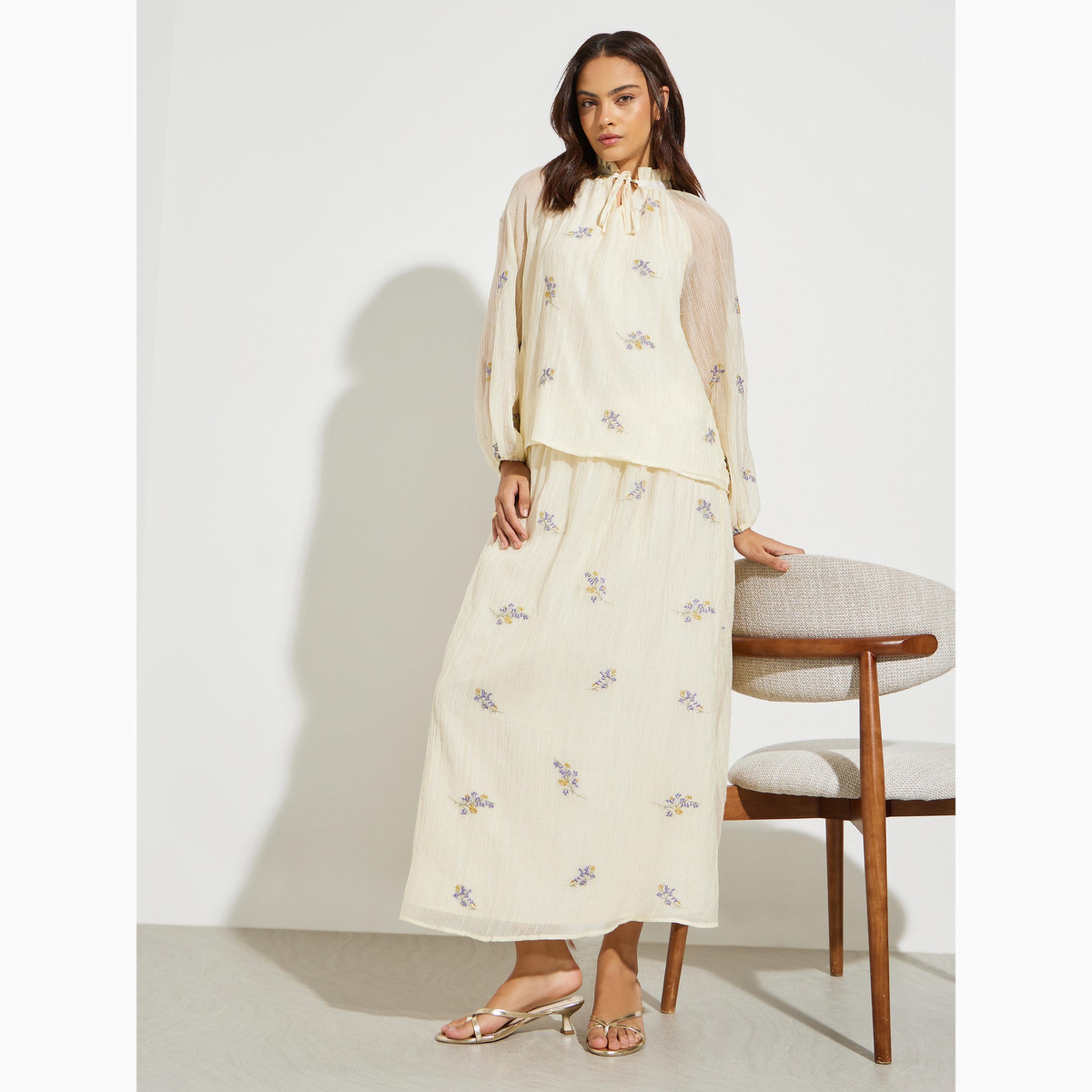 Styli Off White Floral Embroidered A-Line Midi Skirt-women-clothing-skirts-image-2