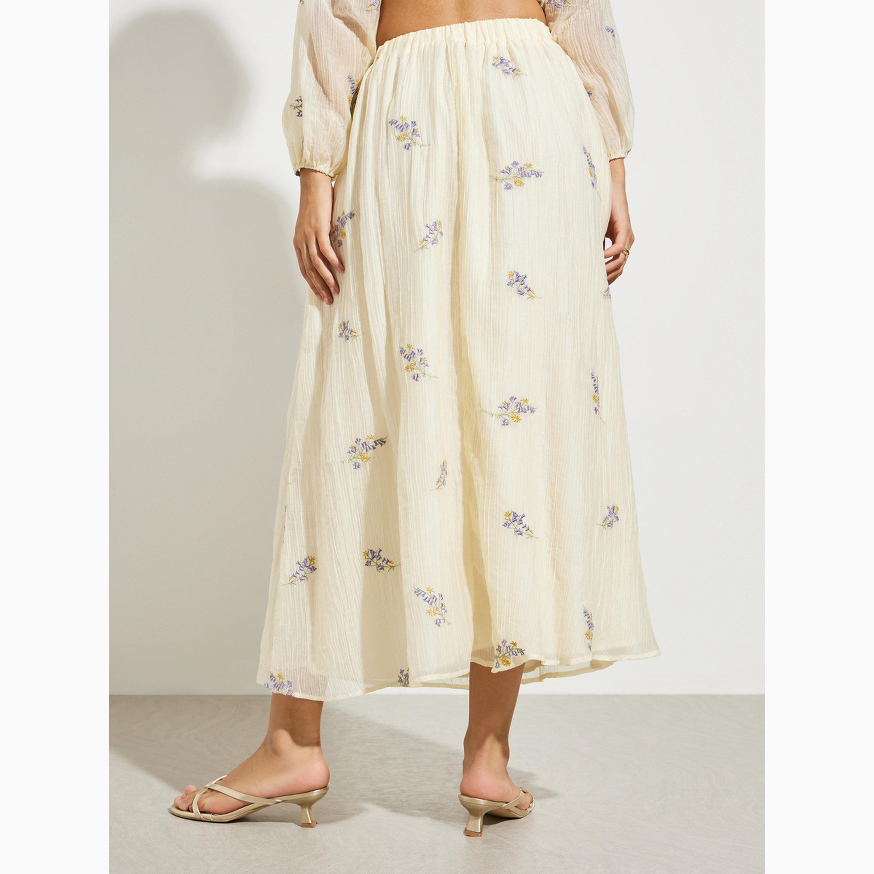 Styli Off White Floral Embroidered A-Line Midi Skirt-women-clothing-skirts-image-4