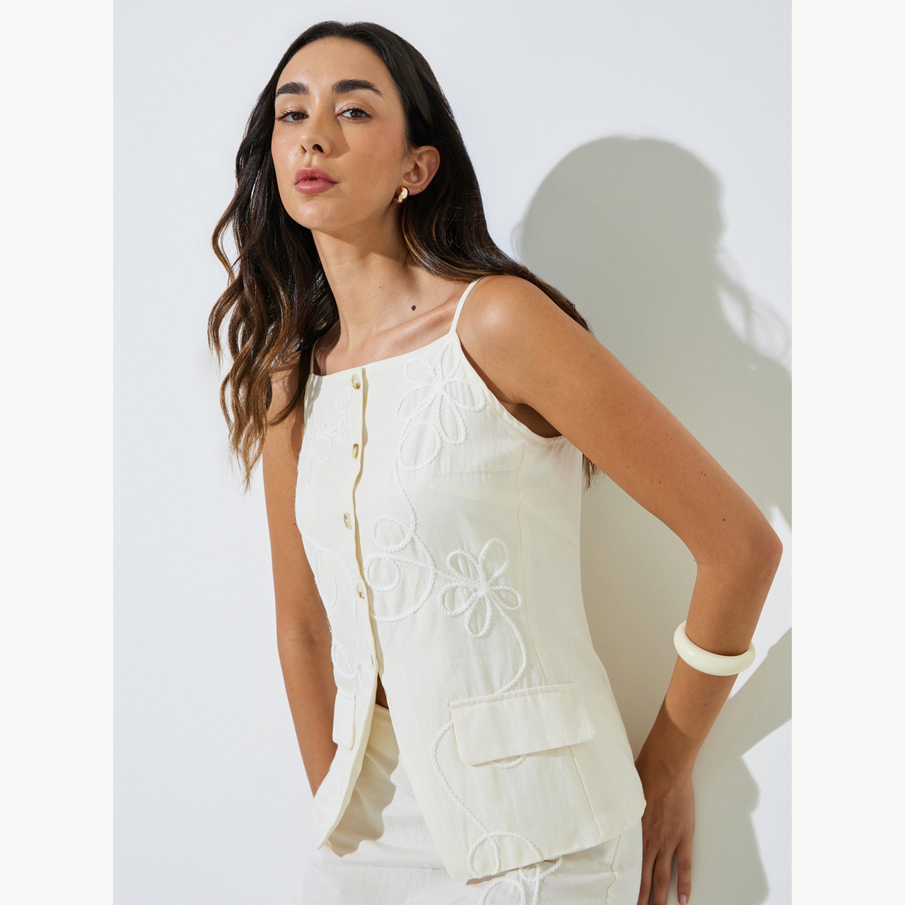Styli Off White Embroidered Strappy Waistcoat-women-clothing-shirtsandblouses-blouses-image-1