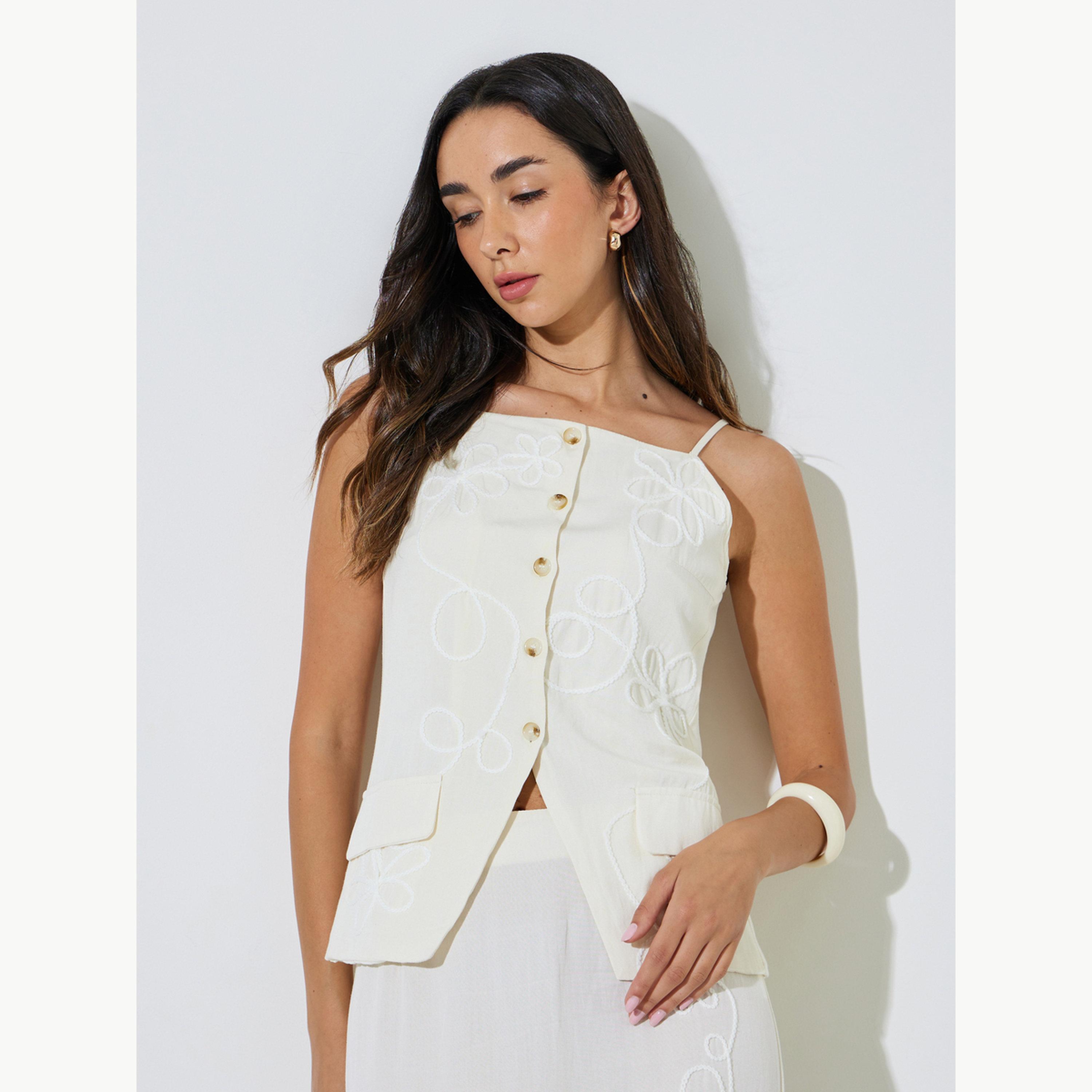 Styli Off White Embroidered Strappy Waistcoat-women-clothing-shirtsandblouses-blouses-image-3