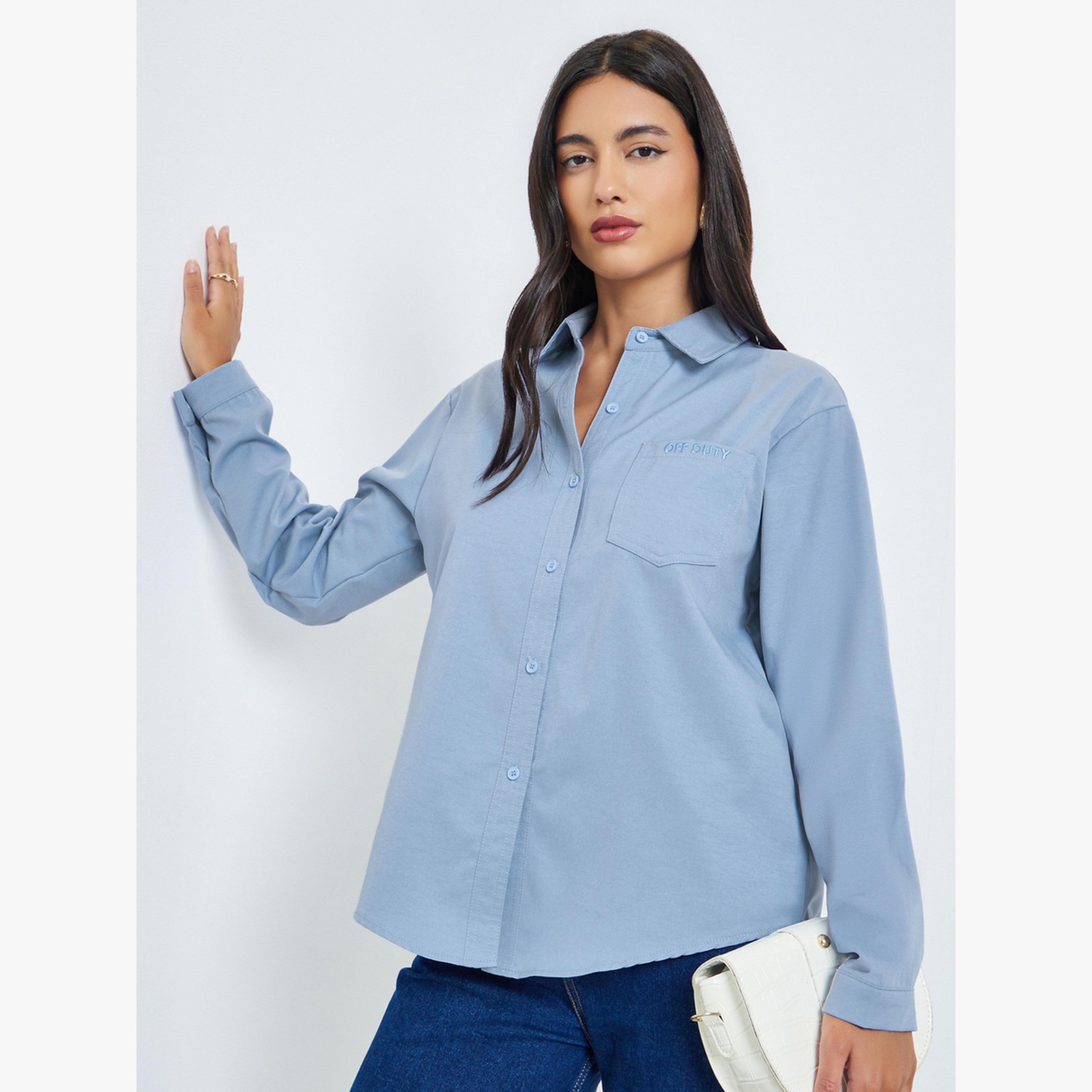 Styli Blue Embroidered Long Sleeve Shirt-women-clothing-shirtsandblouses-shirts-image-1