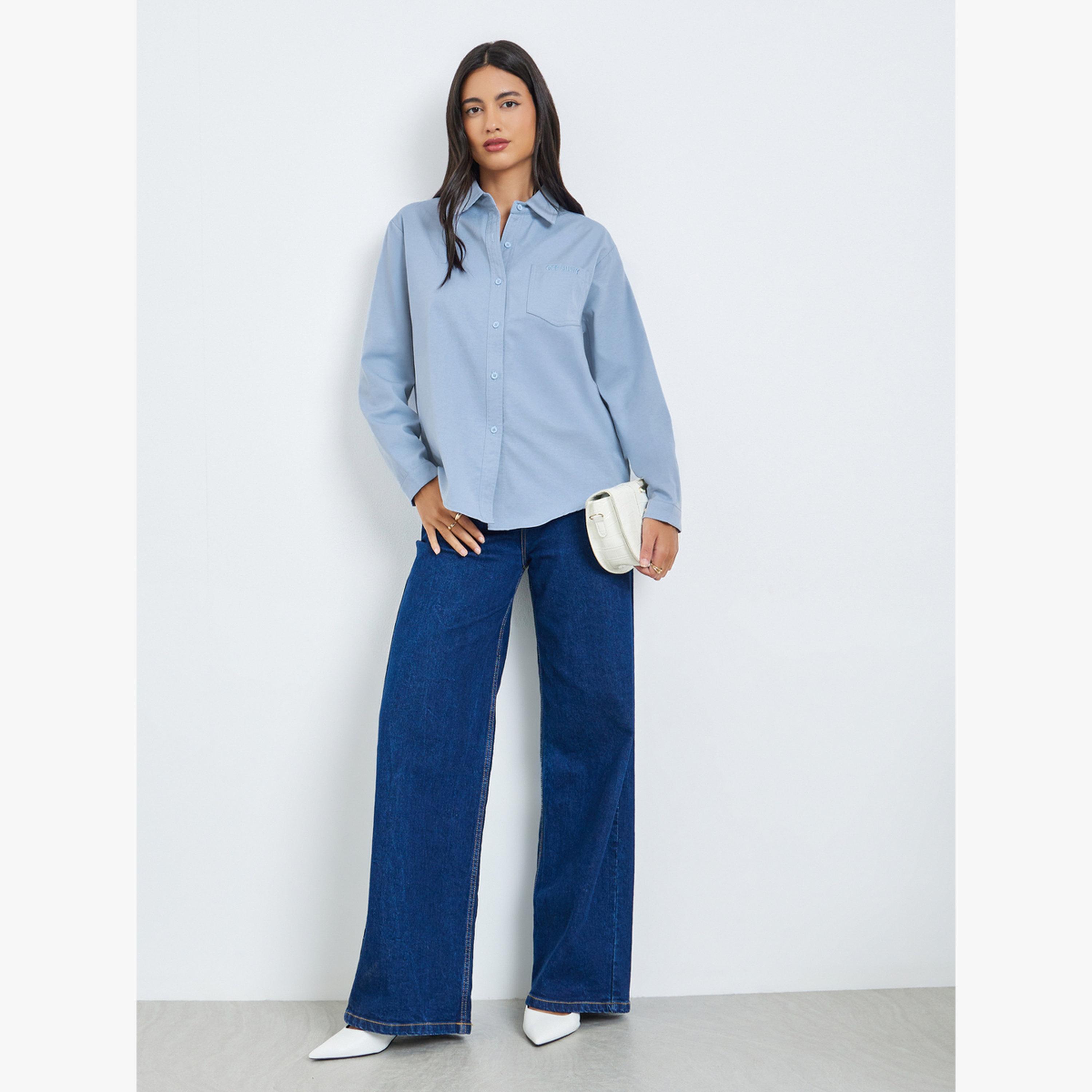 Styli Blue Embroidered Long Sleeve Shirt-women-clothing-shirtsandblouses-shirts-image-2