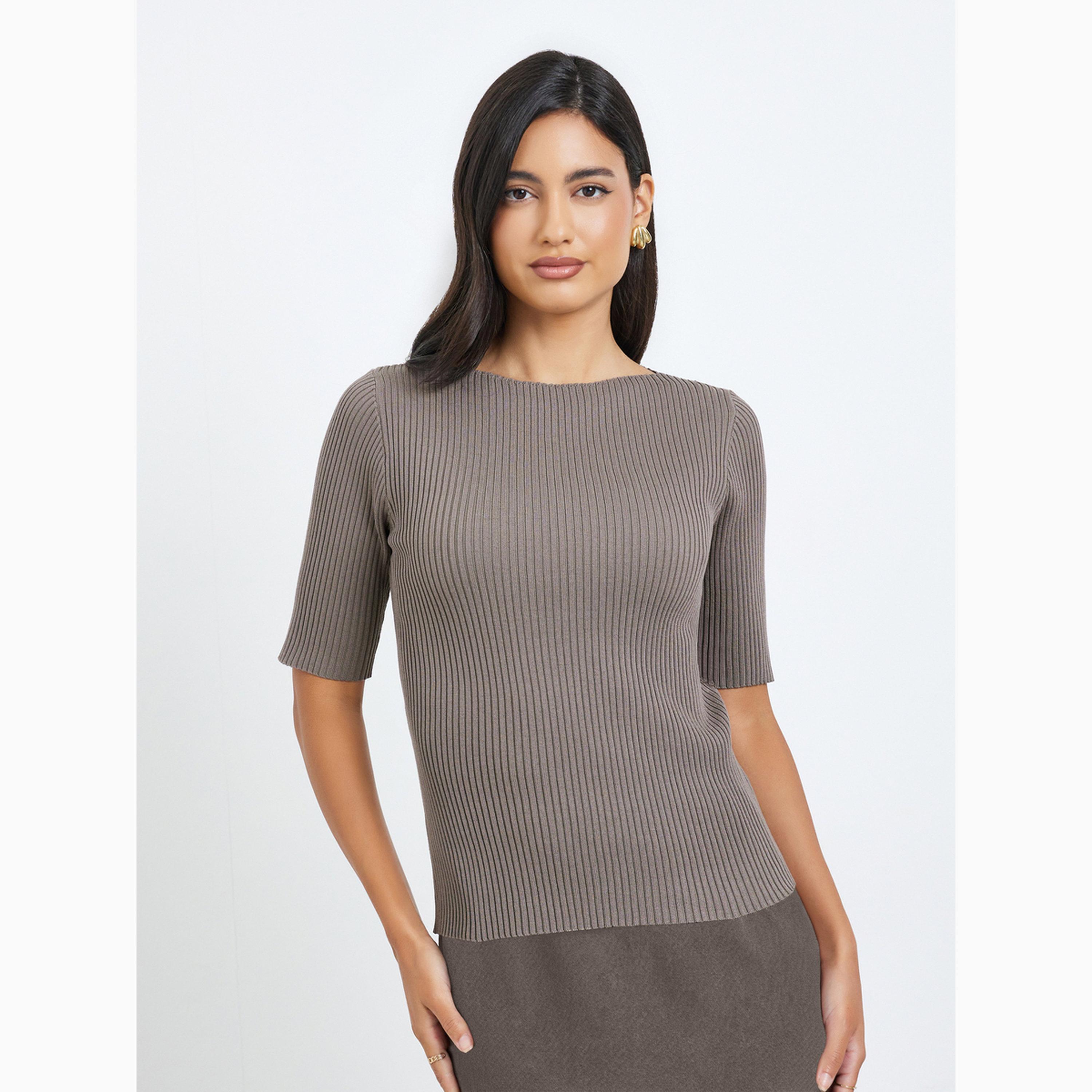 Styli Brown Solid Short Sleeve Flat Knit Top-women-clothing-tshirts-image-1