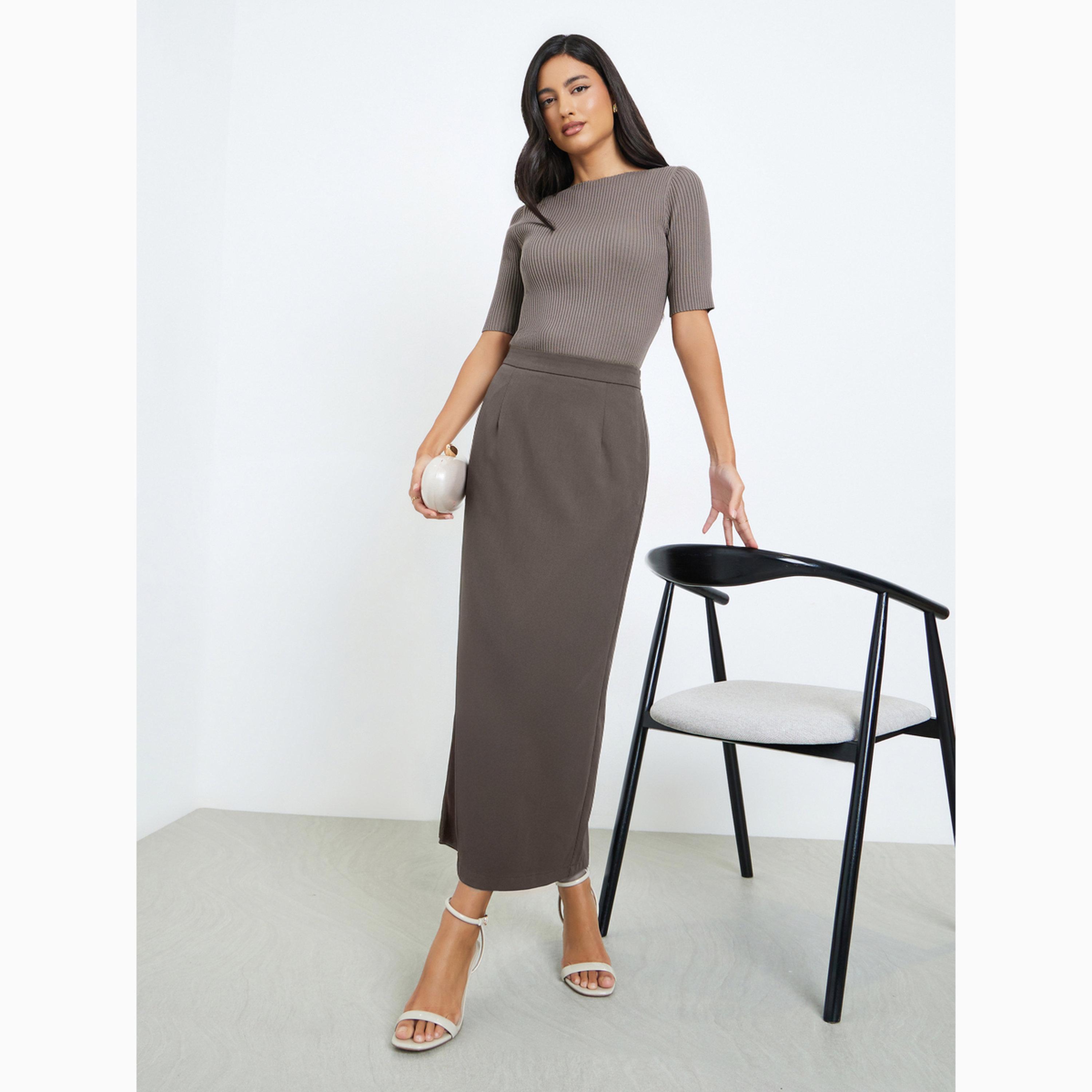 Styli Brown Solid Short Sleeve Flat Knit Top-women-clothing-tshirts-image-2