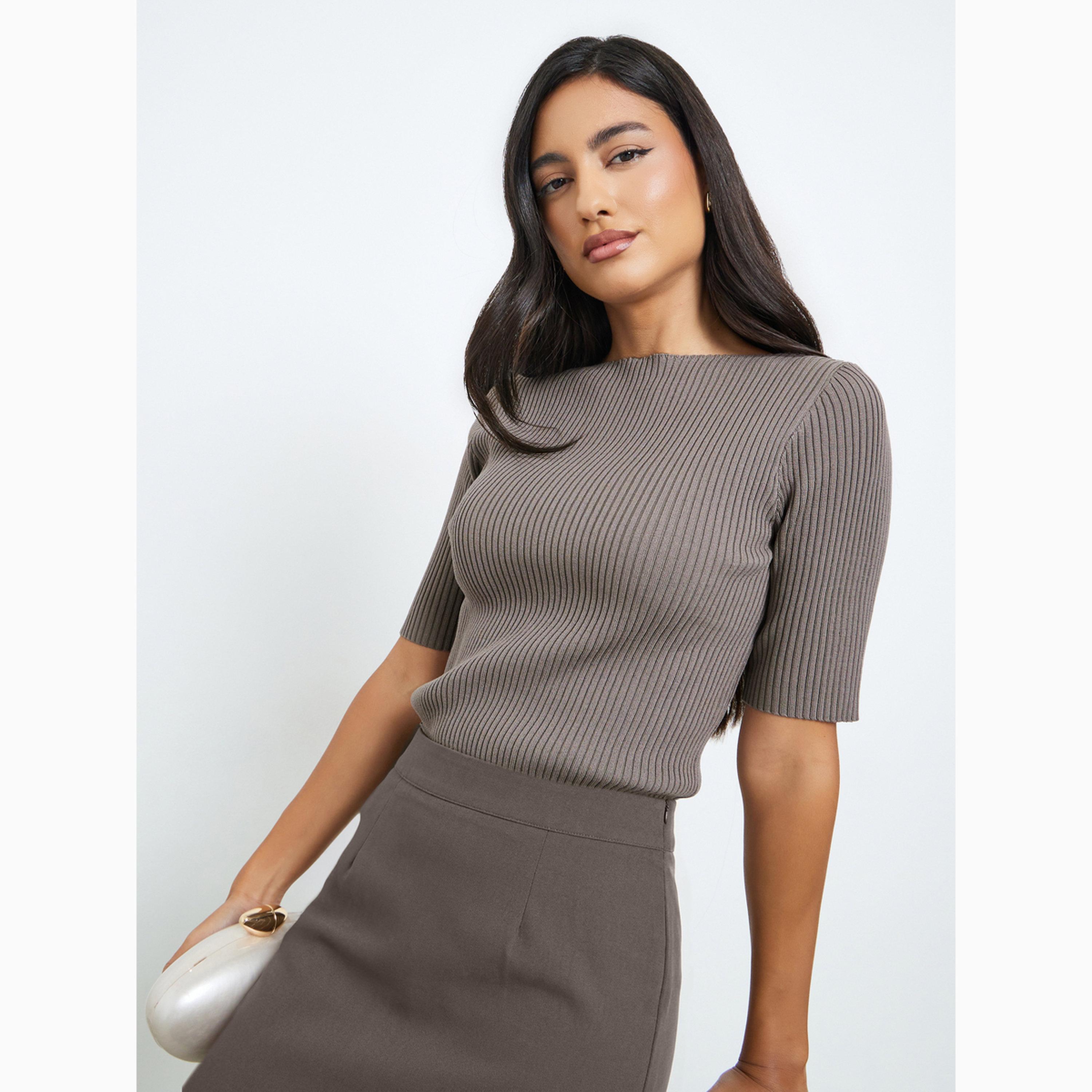 Styli Brown Solid Short Sleeve Flat Knit Top-women-clothing-tshirts-image-3