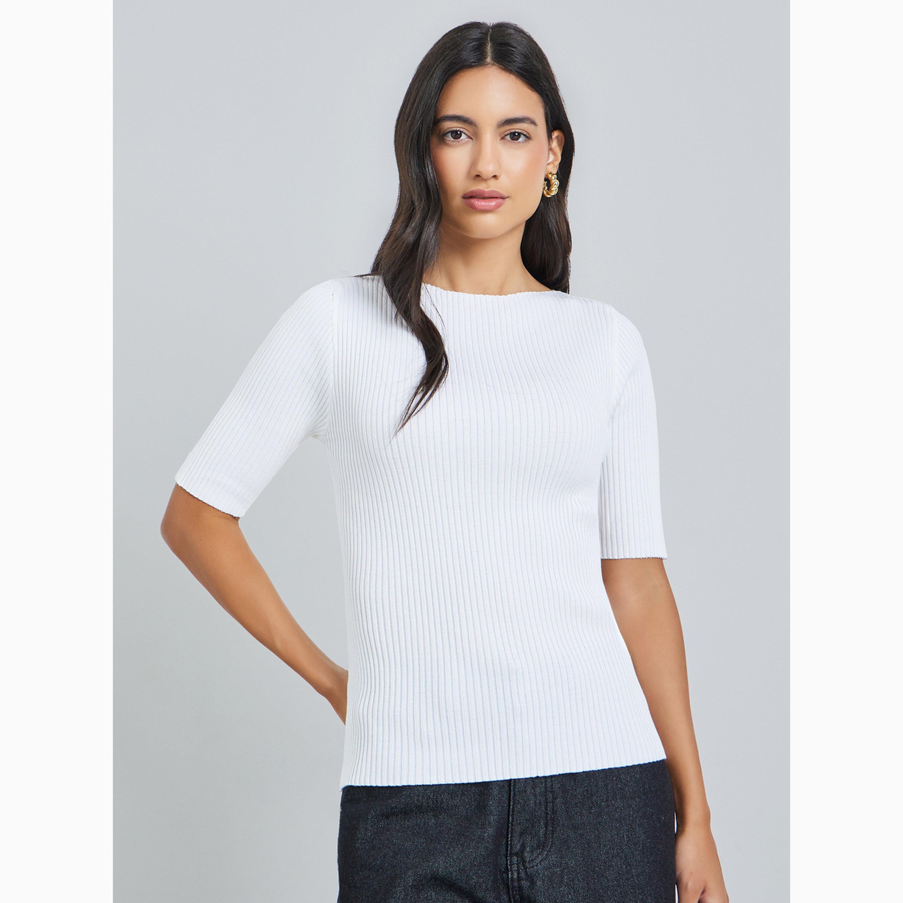 Styli Off White Solid Short Sleeve Flat Knit Top-women-clothing-tshirts-image-1