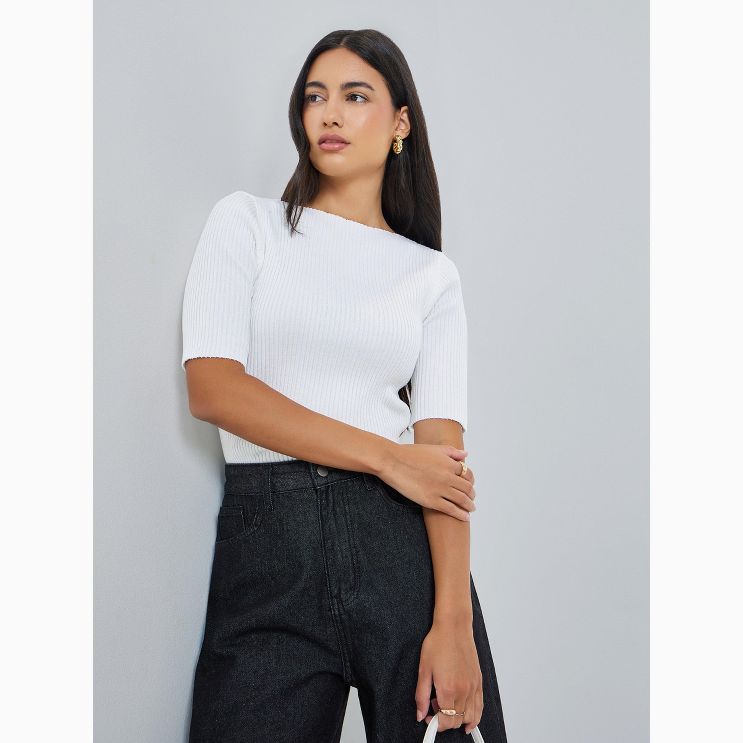 Styli Off White Solid Short Sleeve Flat Knit Top-women-clothing-tshirts-image-3