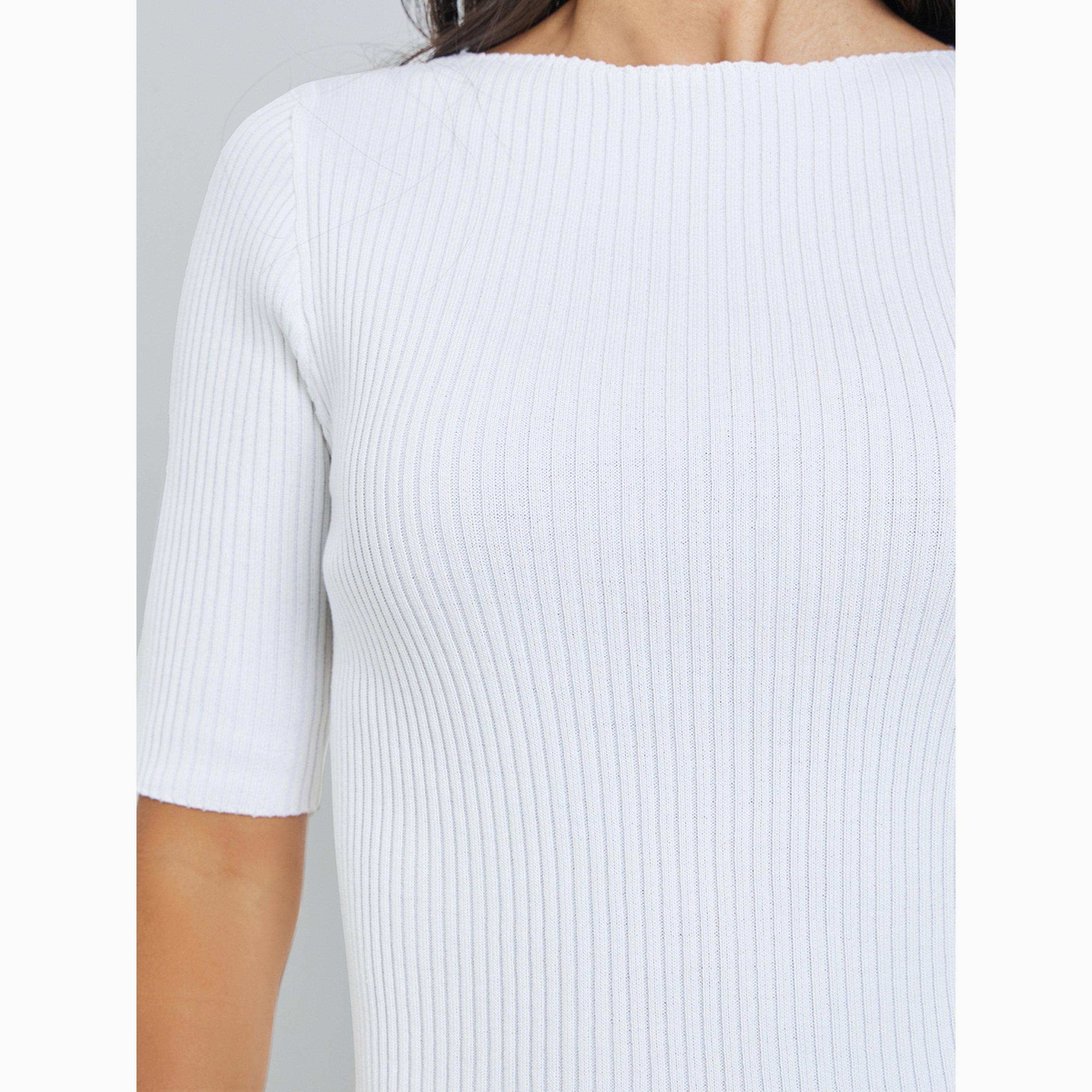 Styli Off White Solid Short Sleeve Flat Knit Top-women-clothing-tshirts-image-4