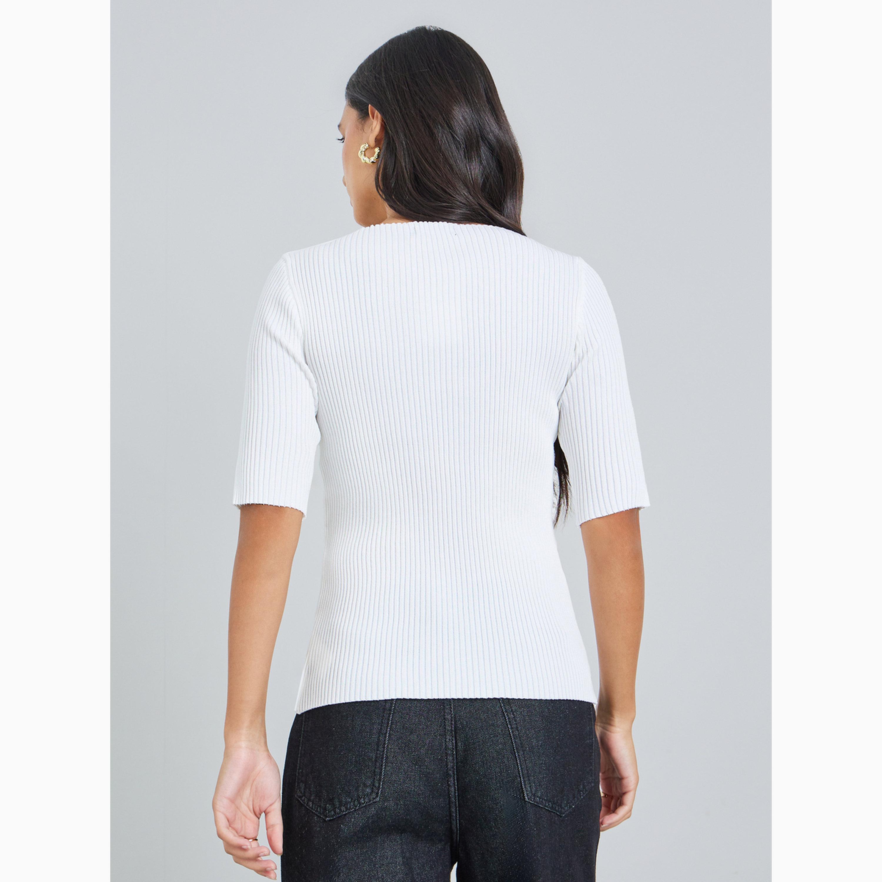 توب أوف وايت سادة بحياكة مسطحة وأكمام قصيرة-women-clothing-tshirts-image-5