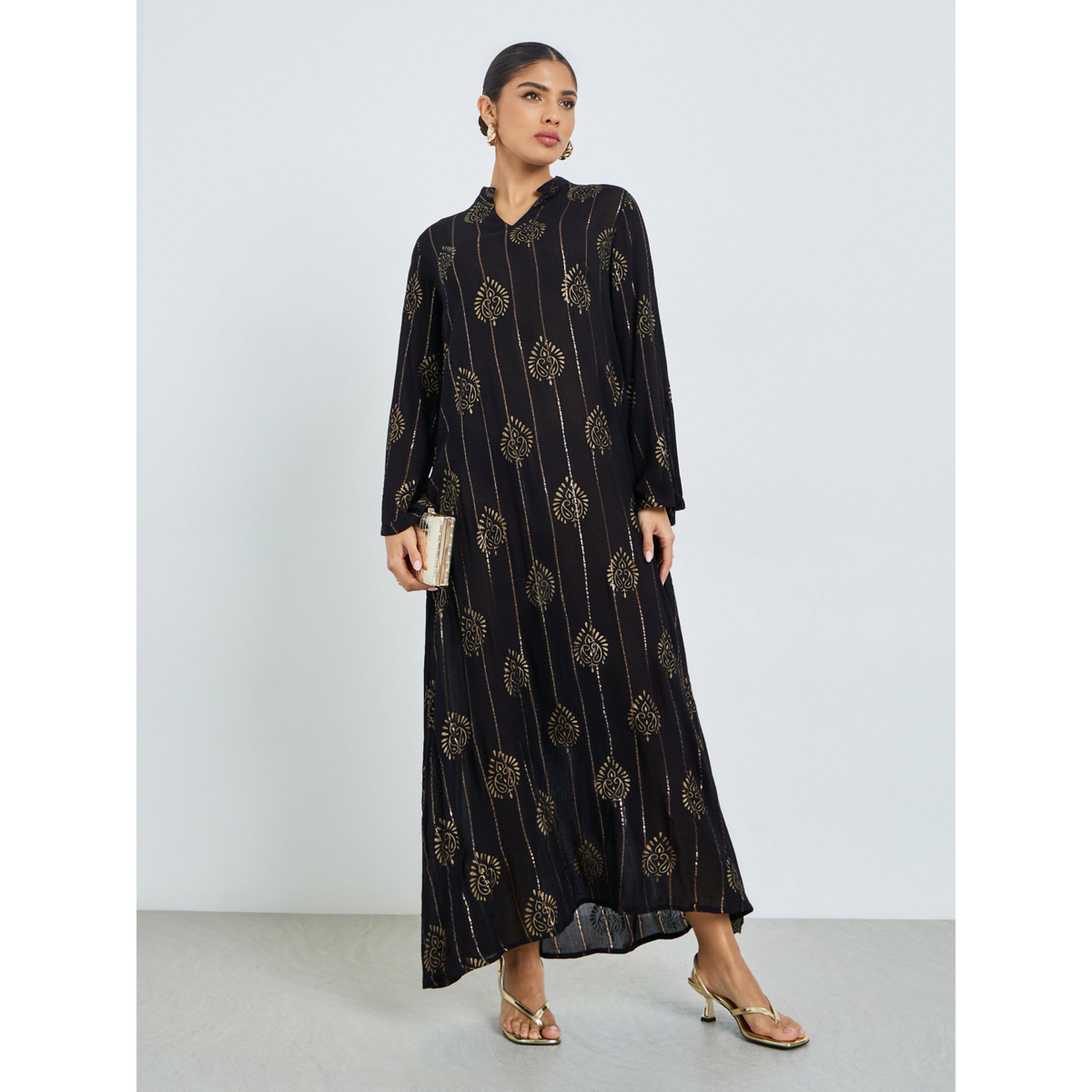 Styli Black Foil Print Lurex Jalabiya-women-arabicclothing-jalabiyas-image-2