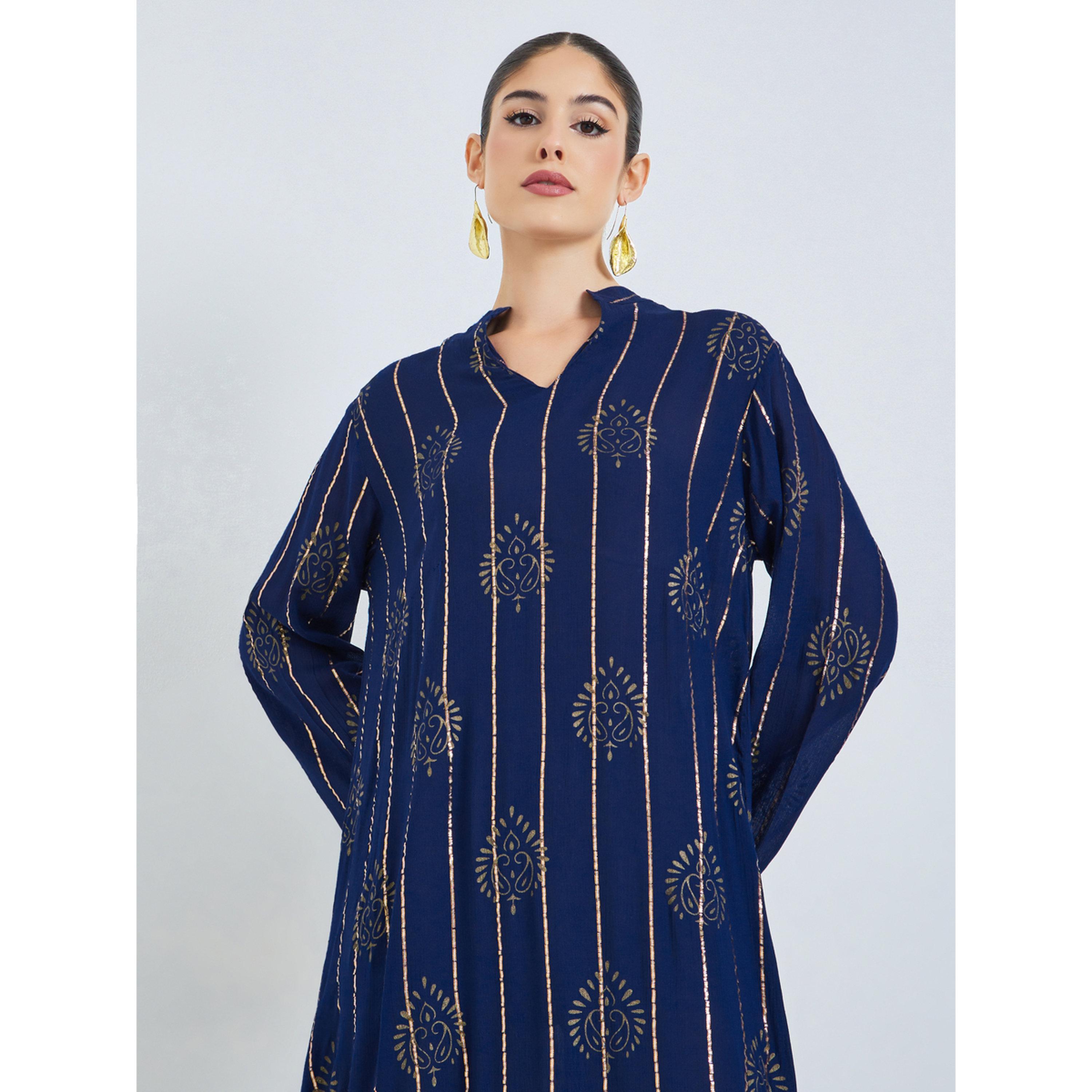 Amirah X Styli Blue Foil Print Lurex Jalabiya-women-arabicclothing-jalabiyas-image-2