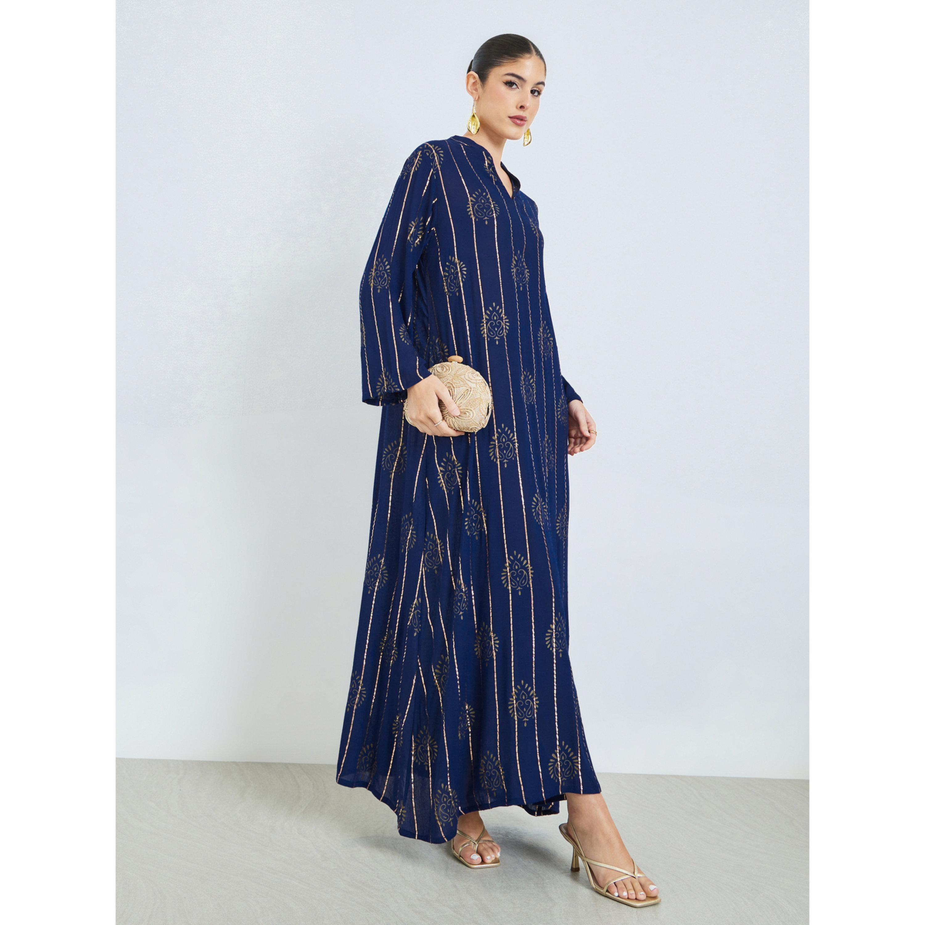 Amirah X Styli Blue Foil Print Lurex Jalabiya-women-arabicclothing-jalabiyas-image-3