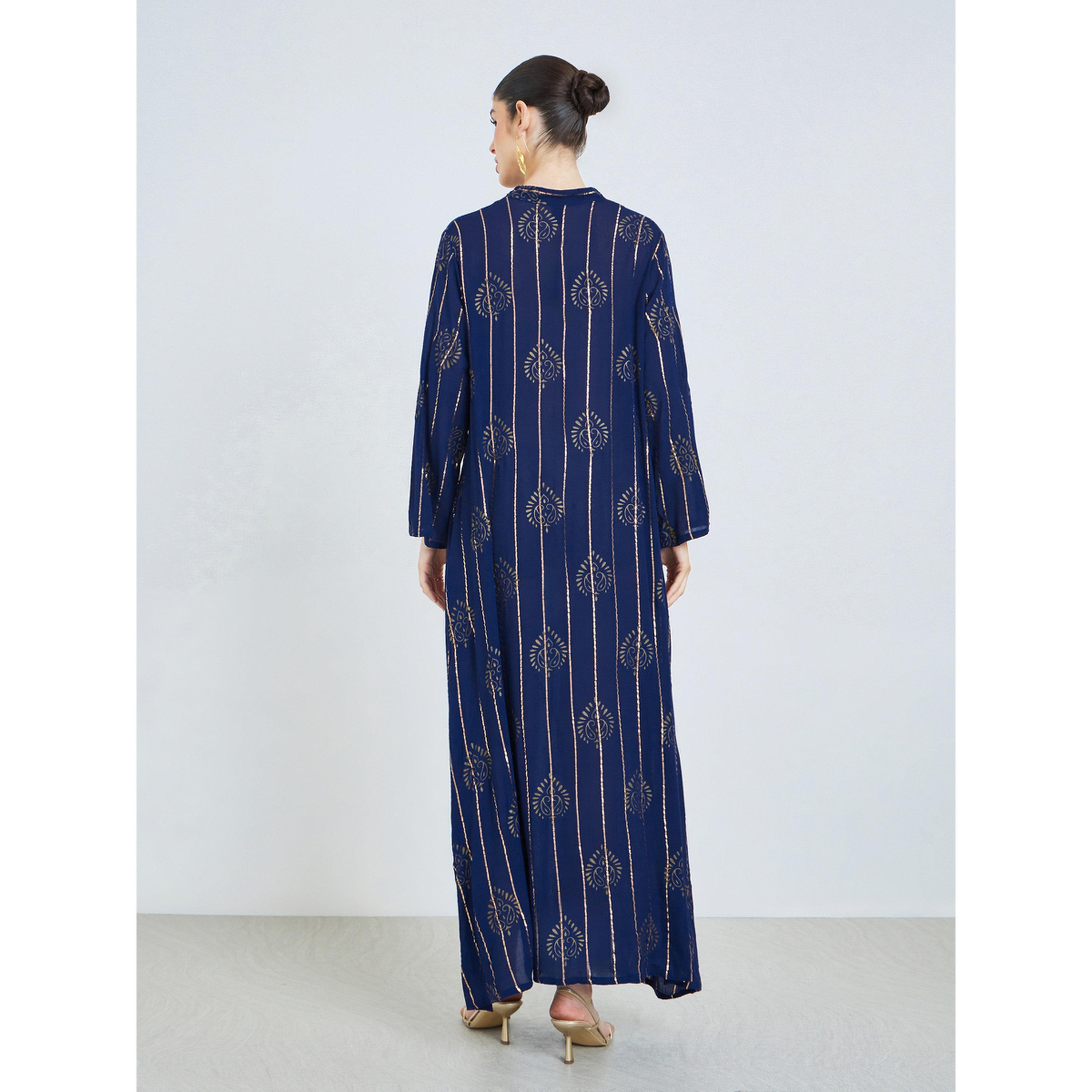 Amirah X Styli Blue Foil Print Lurex Jalabiya-women-arabicclothing-jalabiyas-image-4