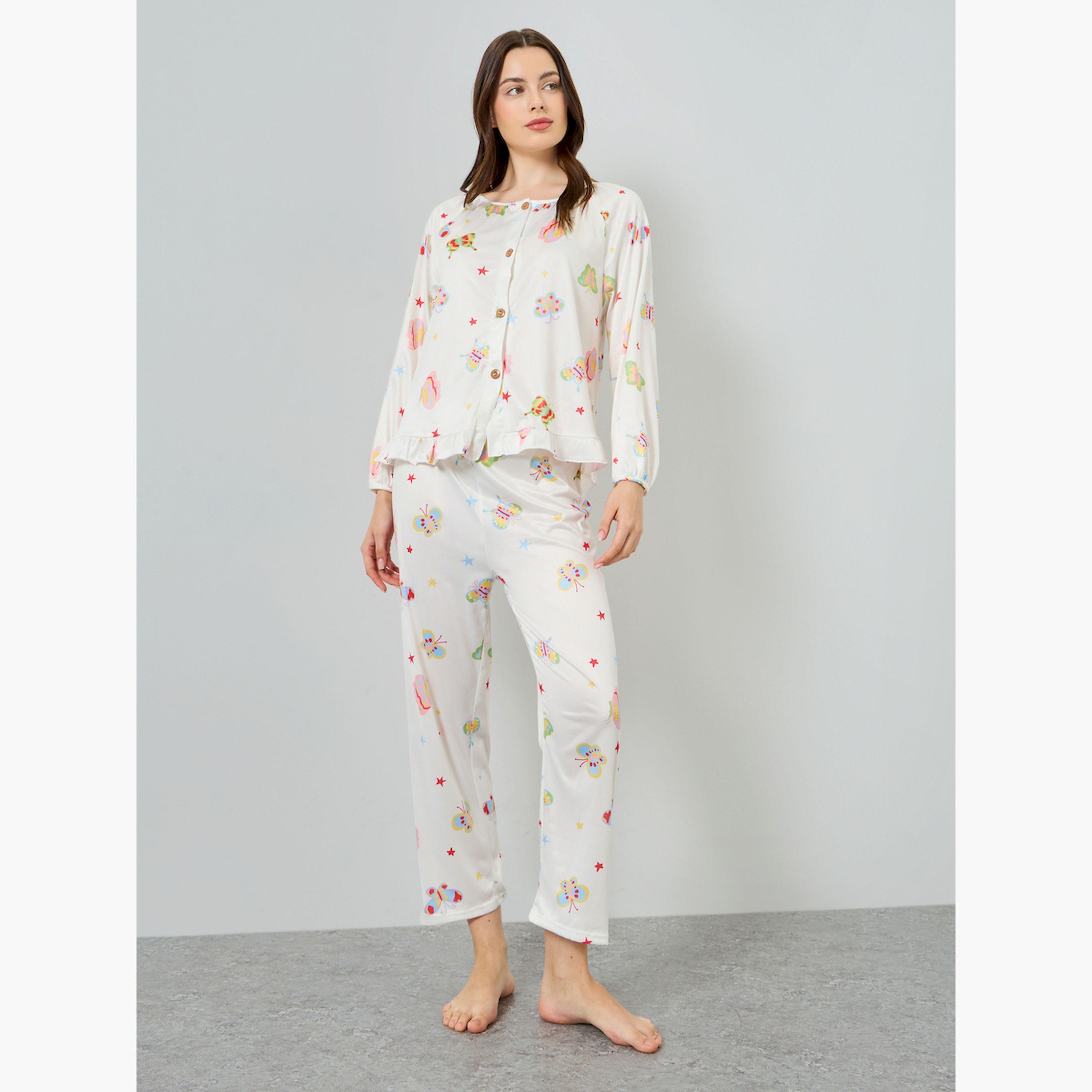 Styli Butterfly Printed Buttoned Top and Pyjama Set-women-clothing-nightwear-pyjamas-longsets-image-1