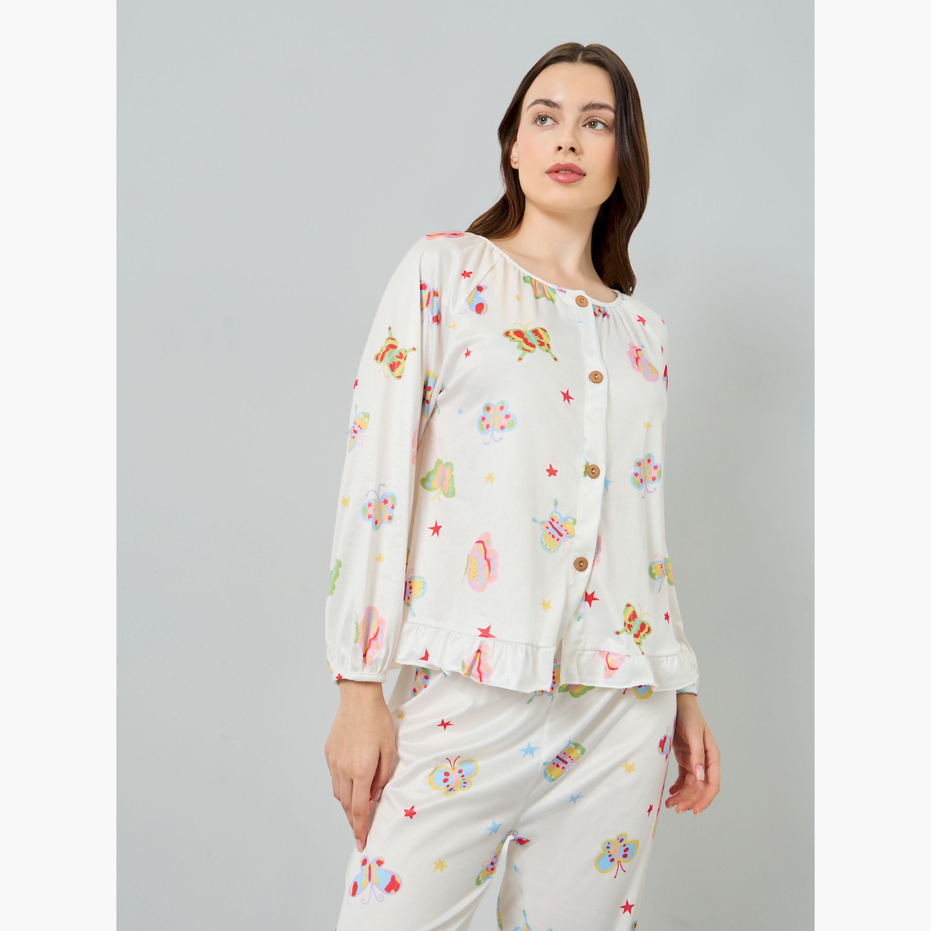 طقم بيجاما بلوزة بأزرار وطبعة فراشات-women-clothing-nightwear-pyjamas-longsets-image-2