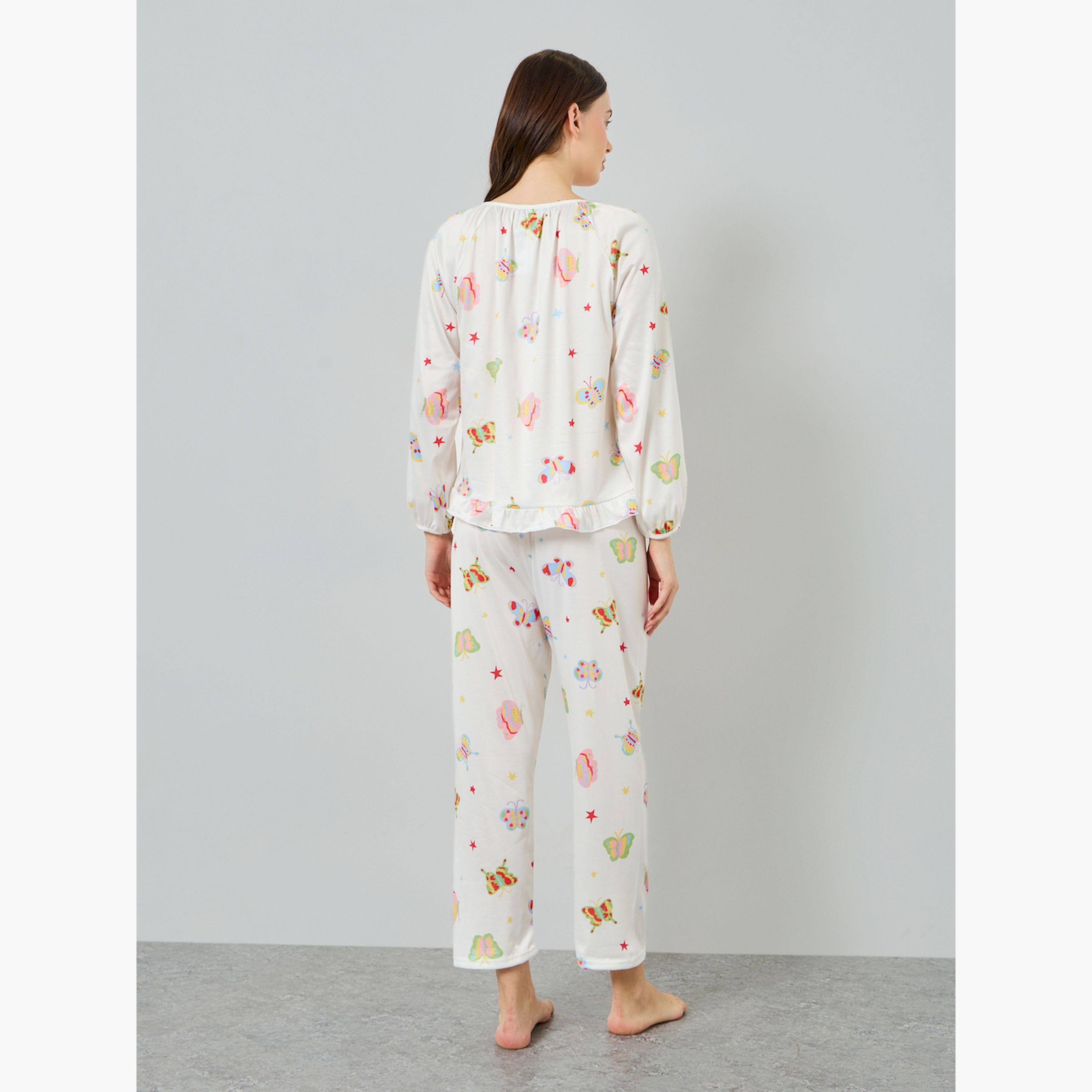 Styli Butterfly Printed Buttoned Top and Pyjama Set-women-clothing-nightwear-pyjamas-longsets-image-3