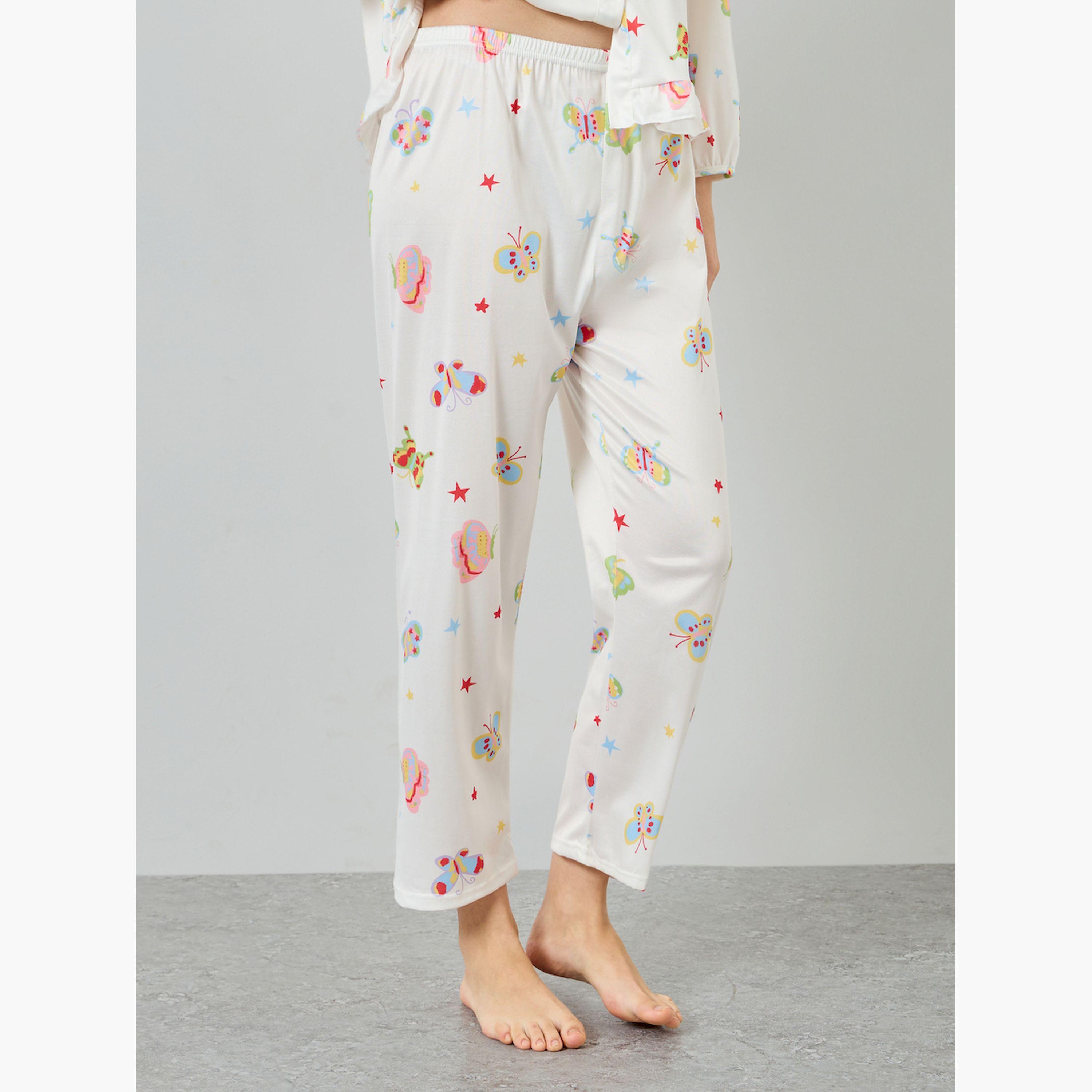 طقم بيجاما بلوزة بأزرار وطبعة فراشات-women-clothing-nightwear-pyjamas-longsets-image-4