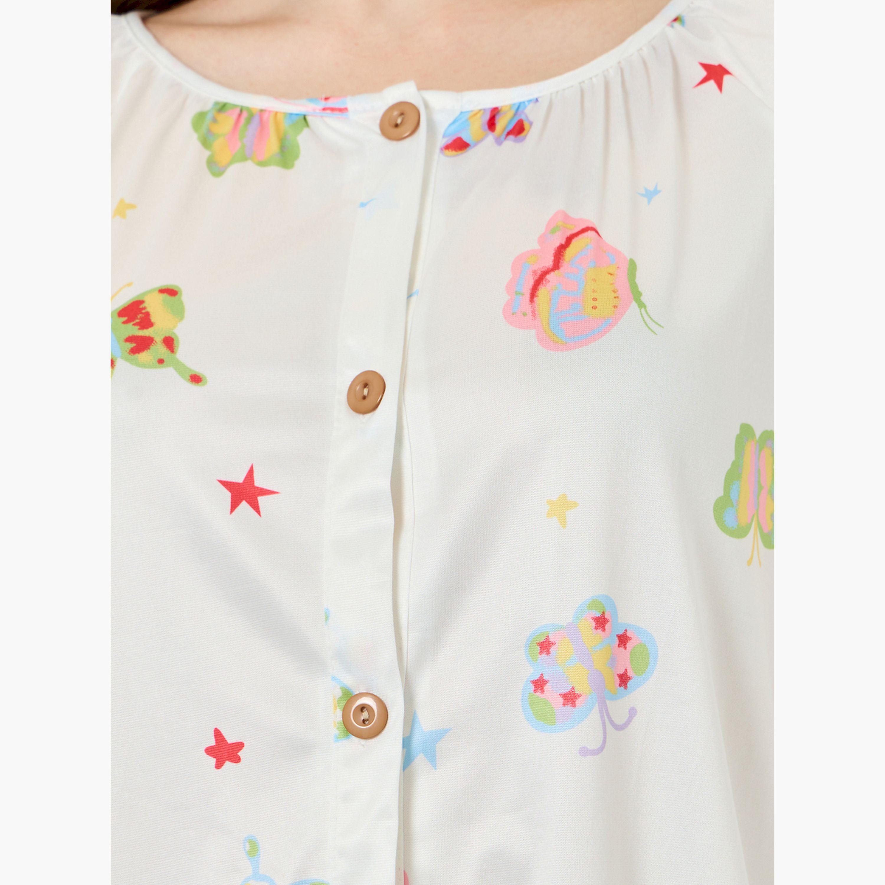 طقم بيجاما بلوزة بأزرار وطبعة فراشات-women-clothing-nightwear-pyjamas-longsets-image-5
