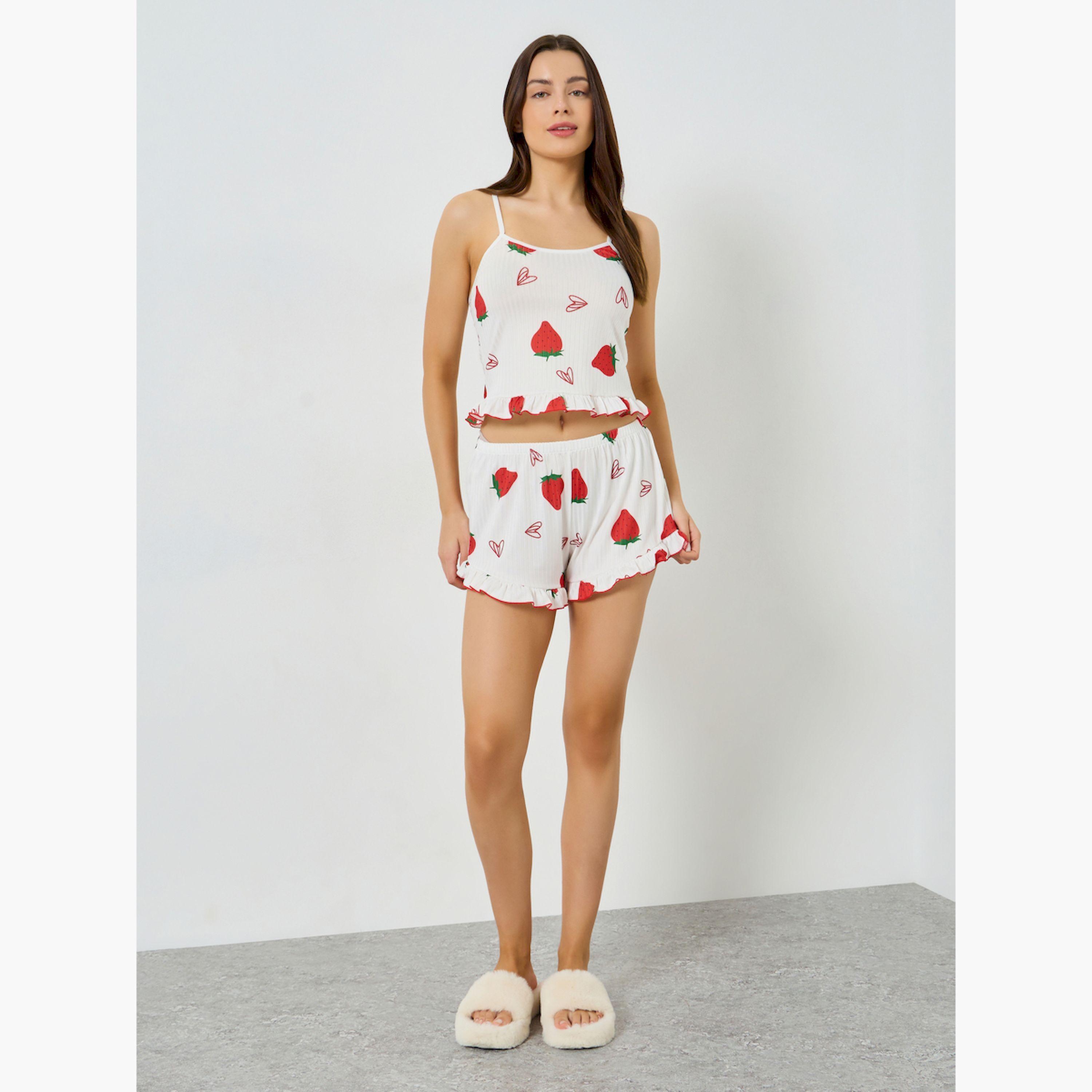 مجموعة من شورت وبلوزة كامي بطبعة فراولة-women-clothing-nightwear-pyjamas-shortsets-image-2