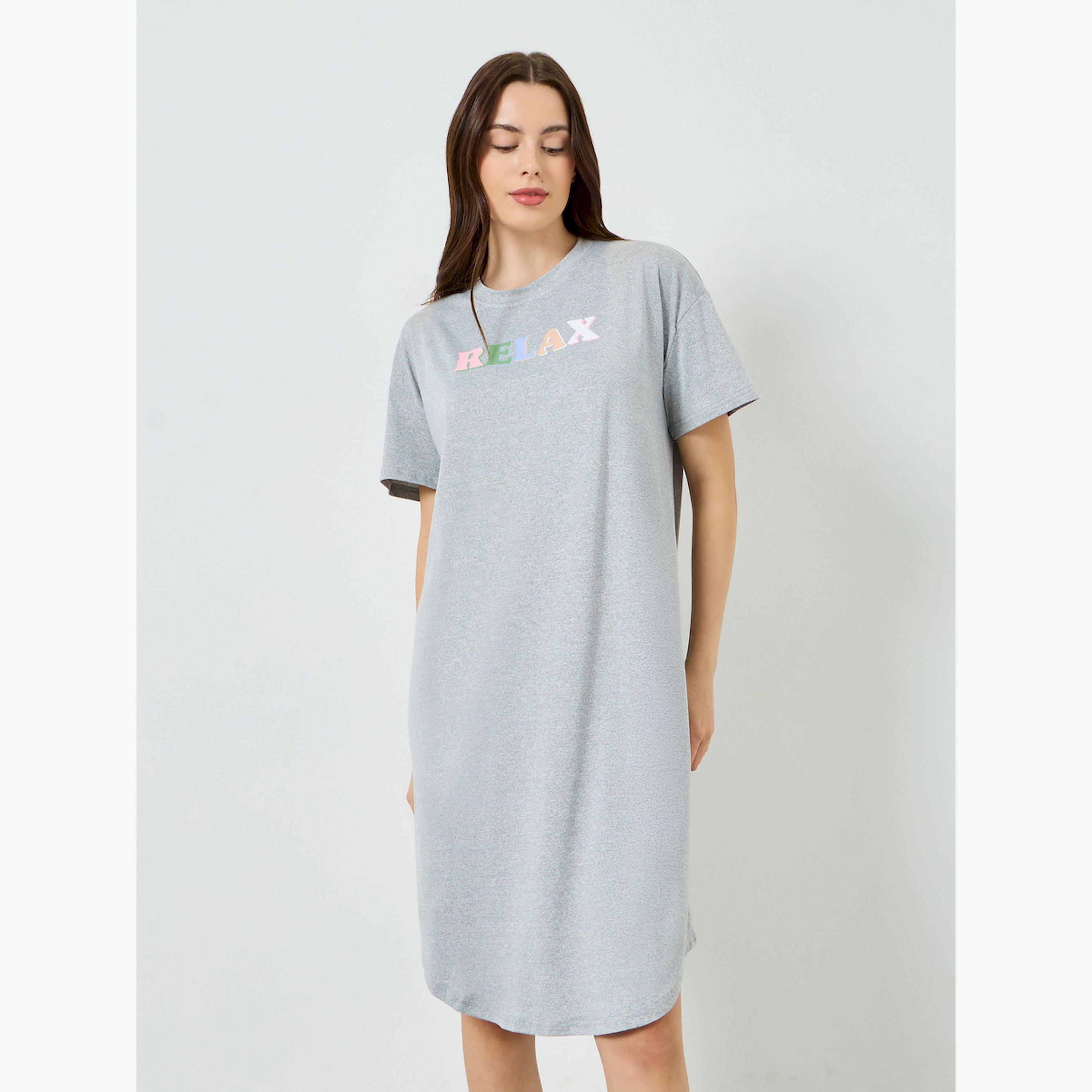Styli Grey Printed Short Sleeve Nightdress-women-clothing-nightwear-nighties-image-1