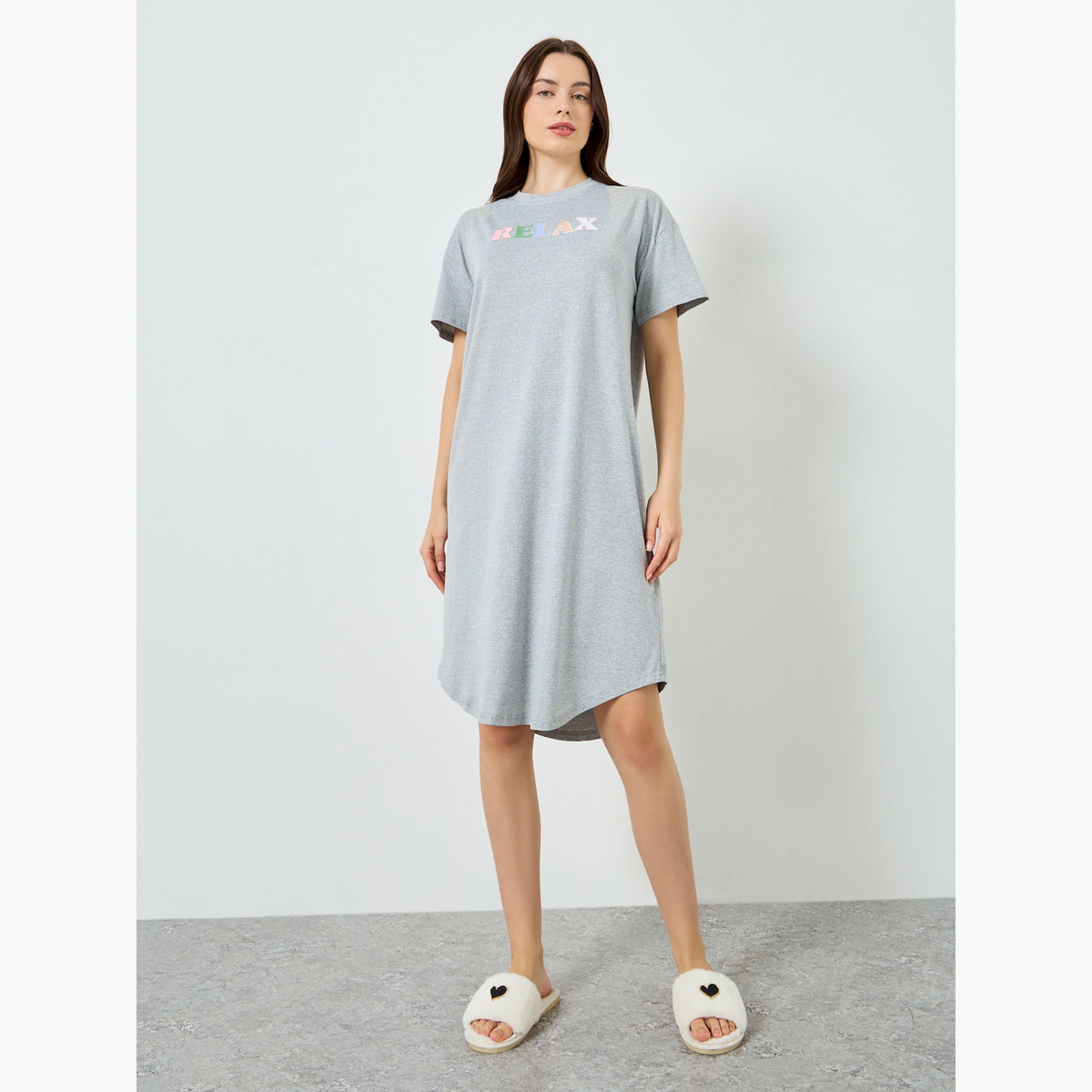 Styli Grey Printed Short Sleeve Nightdress-women-clothing-nightwear-nighties-image-2