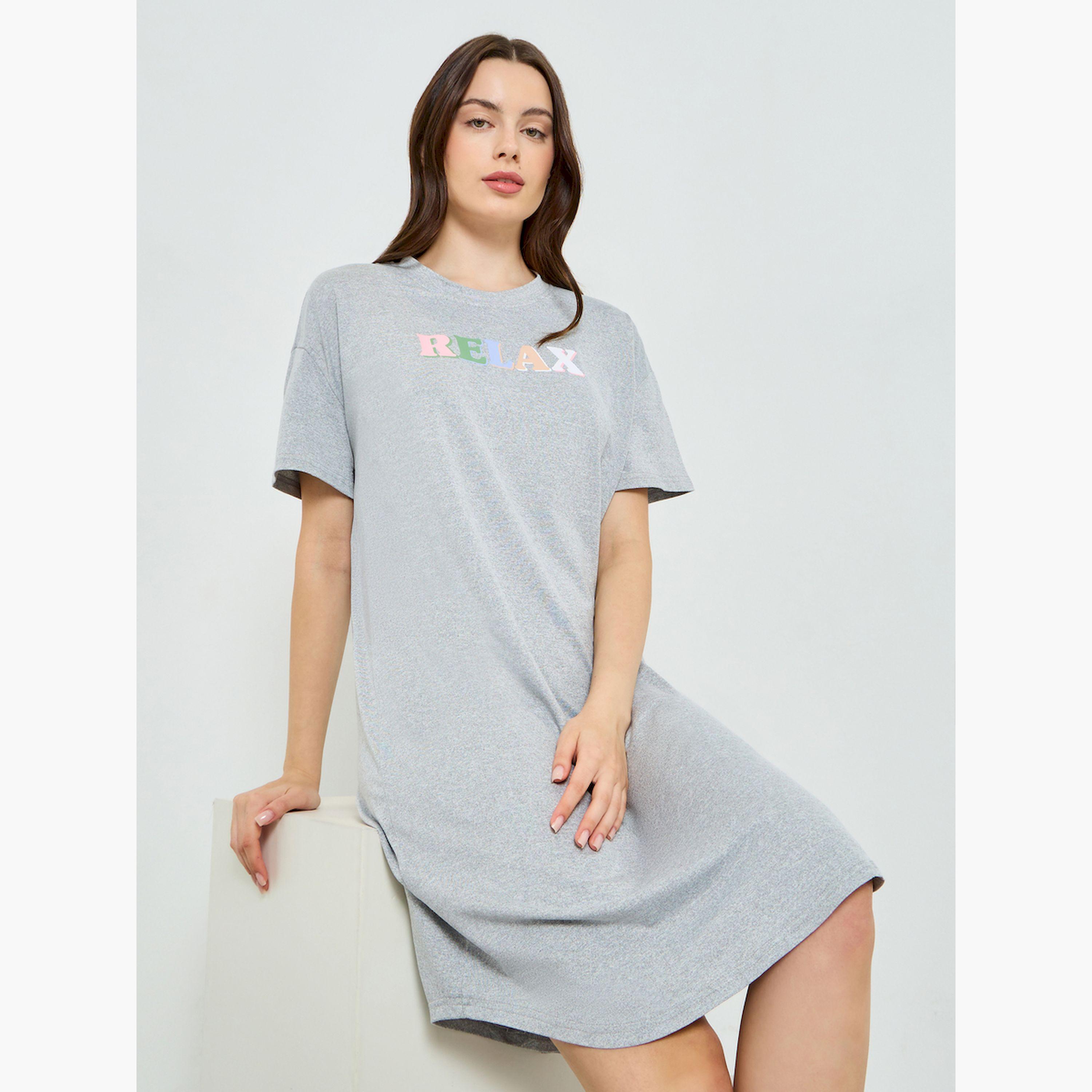 Styli Grey Printed Short Sleeve Nightdress-women-clothing-nightwear-nighties-image-3