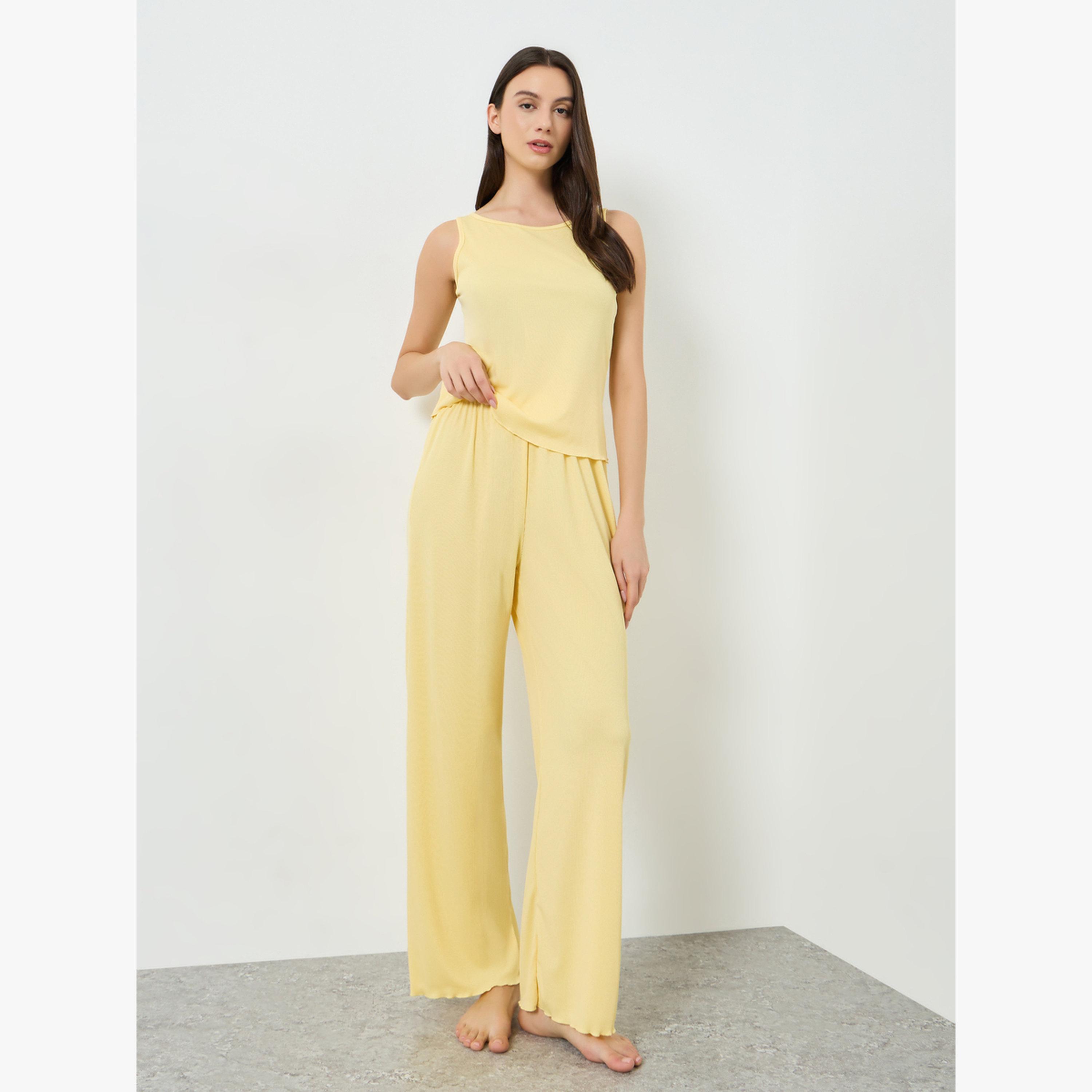 طقم بيجاما وتوب بلا أكمام تريكو مضلع-women-clothing-nightwear-pyjamas-longsets-image-1
