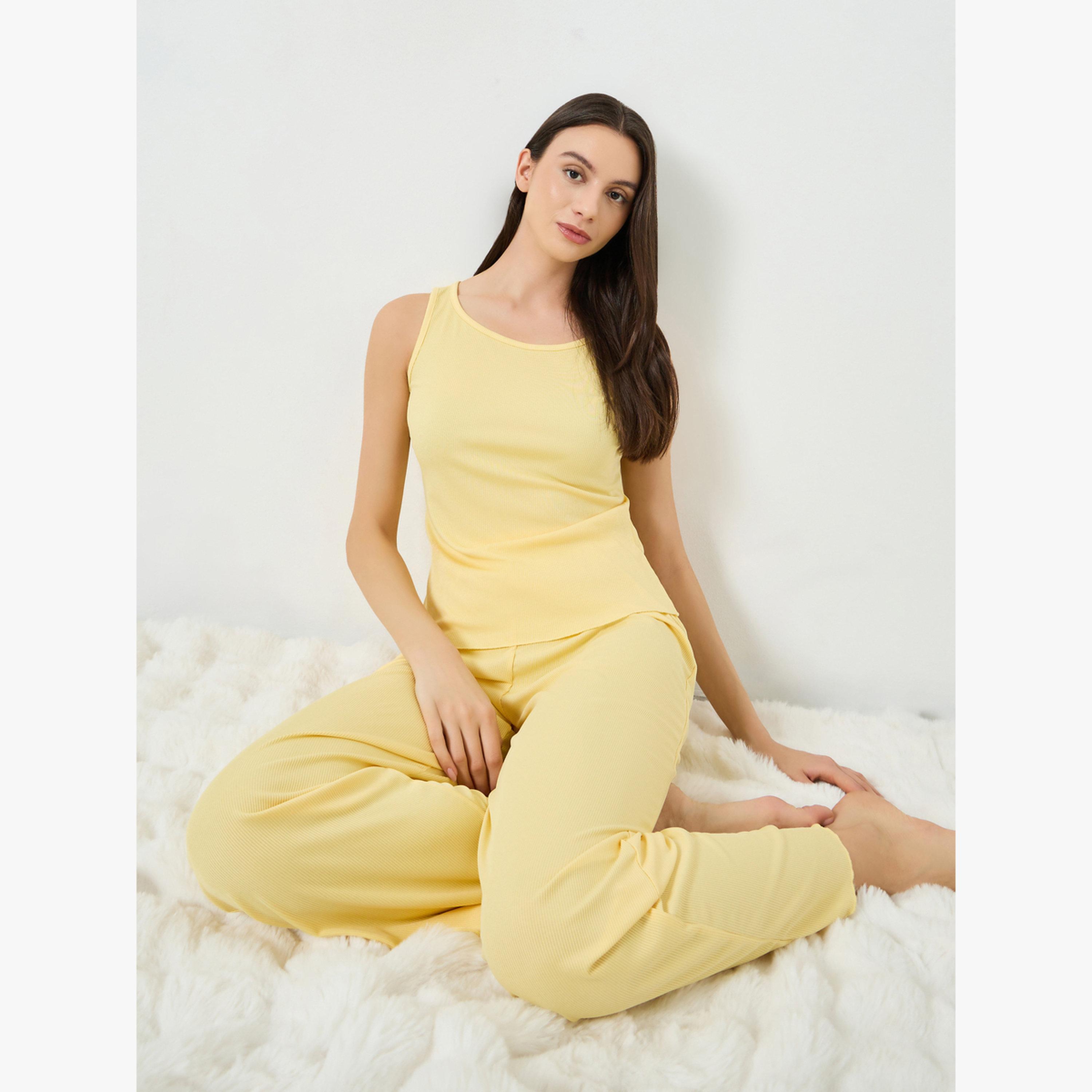 طقم بيجاما وتوب بلا أكمام تريكو مضلع-women-clothing-nightwear-pyjamas-longsets-image-2