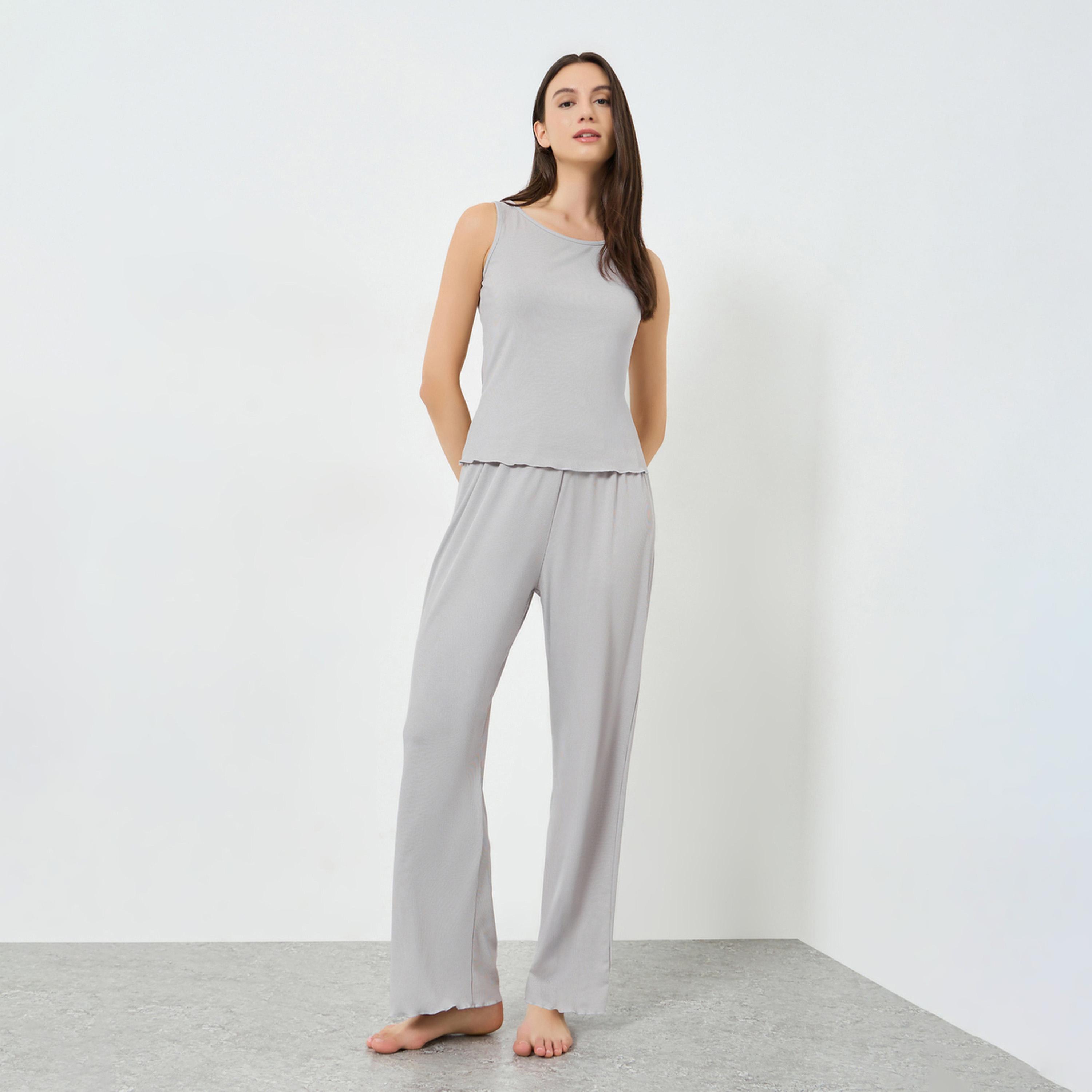 مجموعة من تيشيرت كات مضلع بدون أكمام وبيجاما-women-clothing-nightwear-pyjamas-longsets-image-1